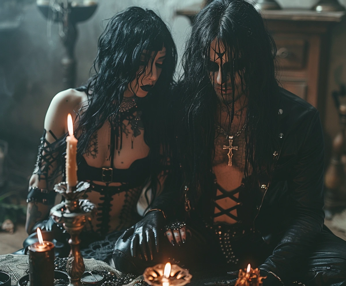 The Rituals of Darkness: Gothic couple performing a satanic ritual in a dark, atmospheric setting with pentagrams and candles.