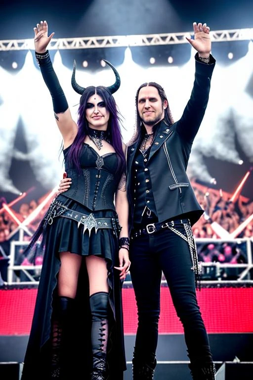 A man and a woman in gothic metal outfits, both with horns, smiling and raising their hands on stage at Time to Rock Festival 2024, with intense stage lights behind them.