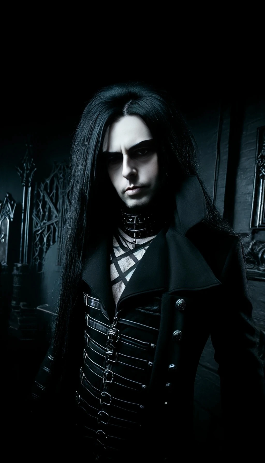 A gothic vampire man with long black hair and dark clothing, standing in a dimly lit room with gothic statues in the background.