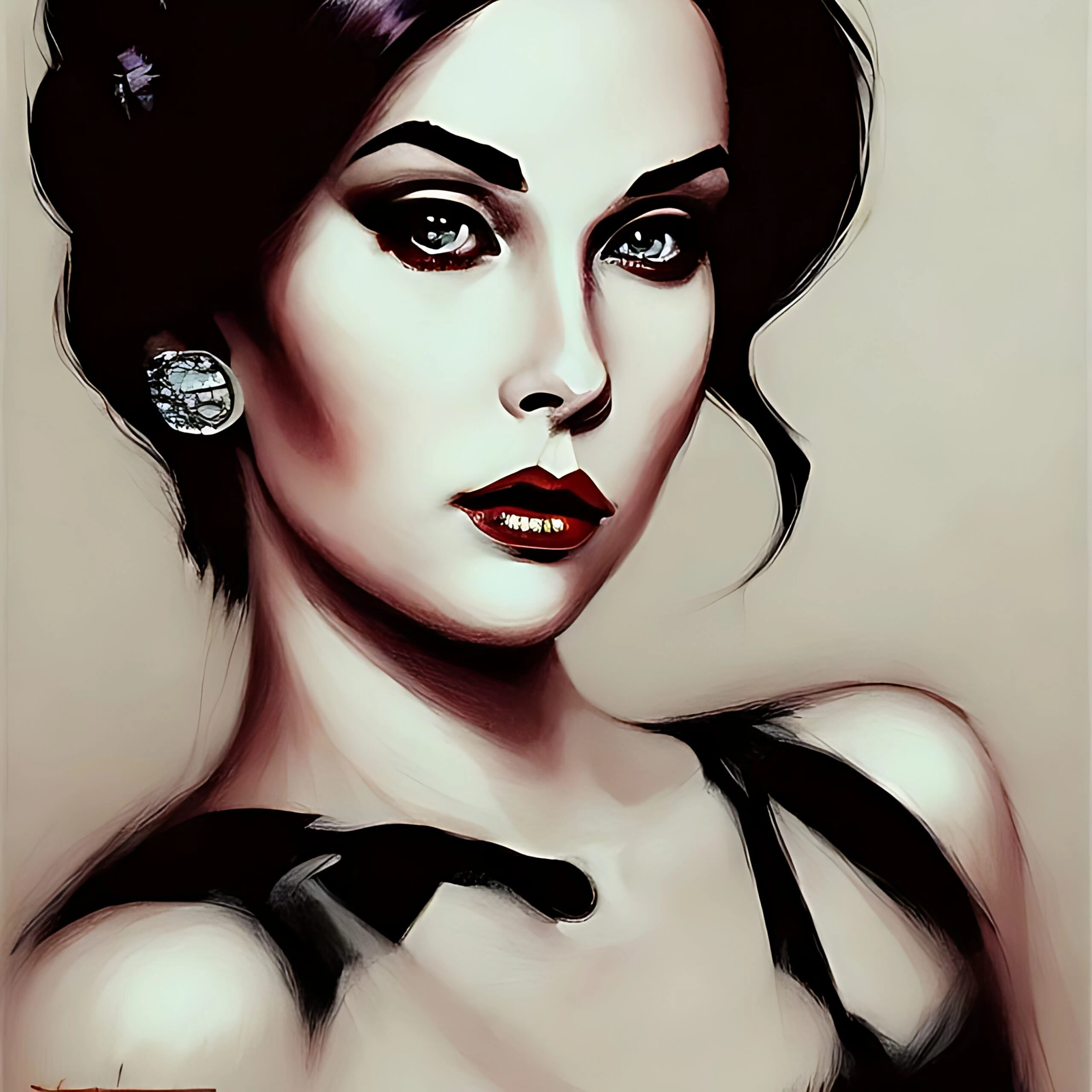 Striking woman with dark hair and bold makeup, wearing a sleeveless top and earrings.