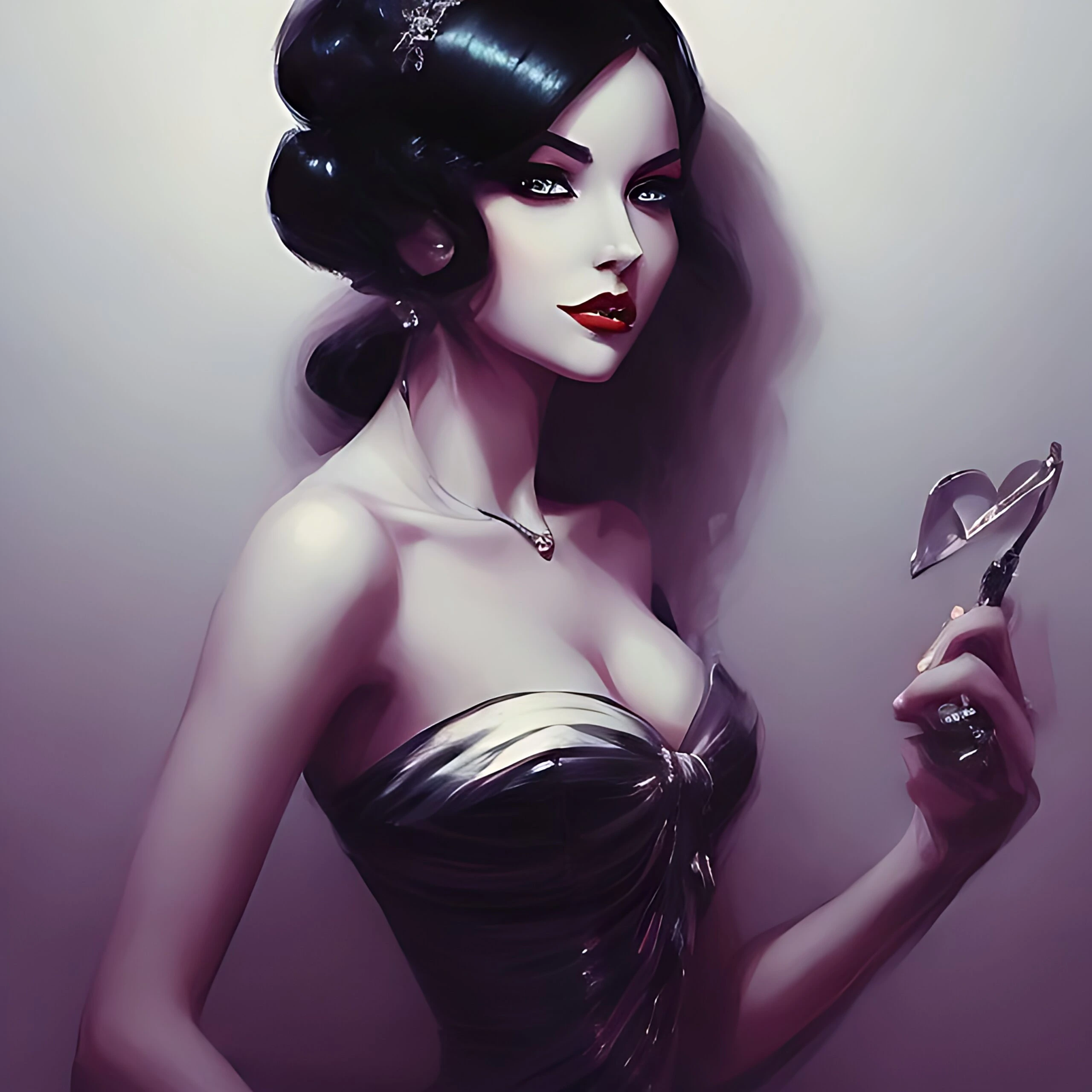 Stylish woman with dark hair styled up, holding a heart-shaped object.