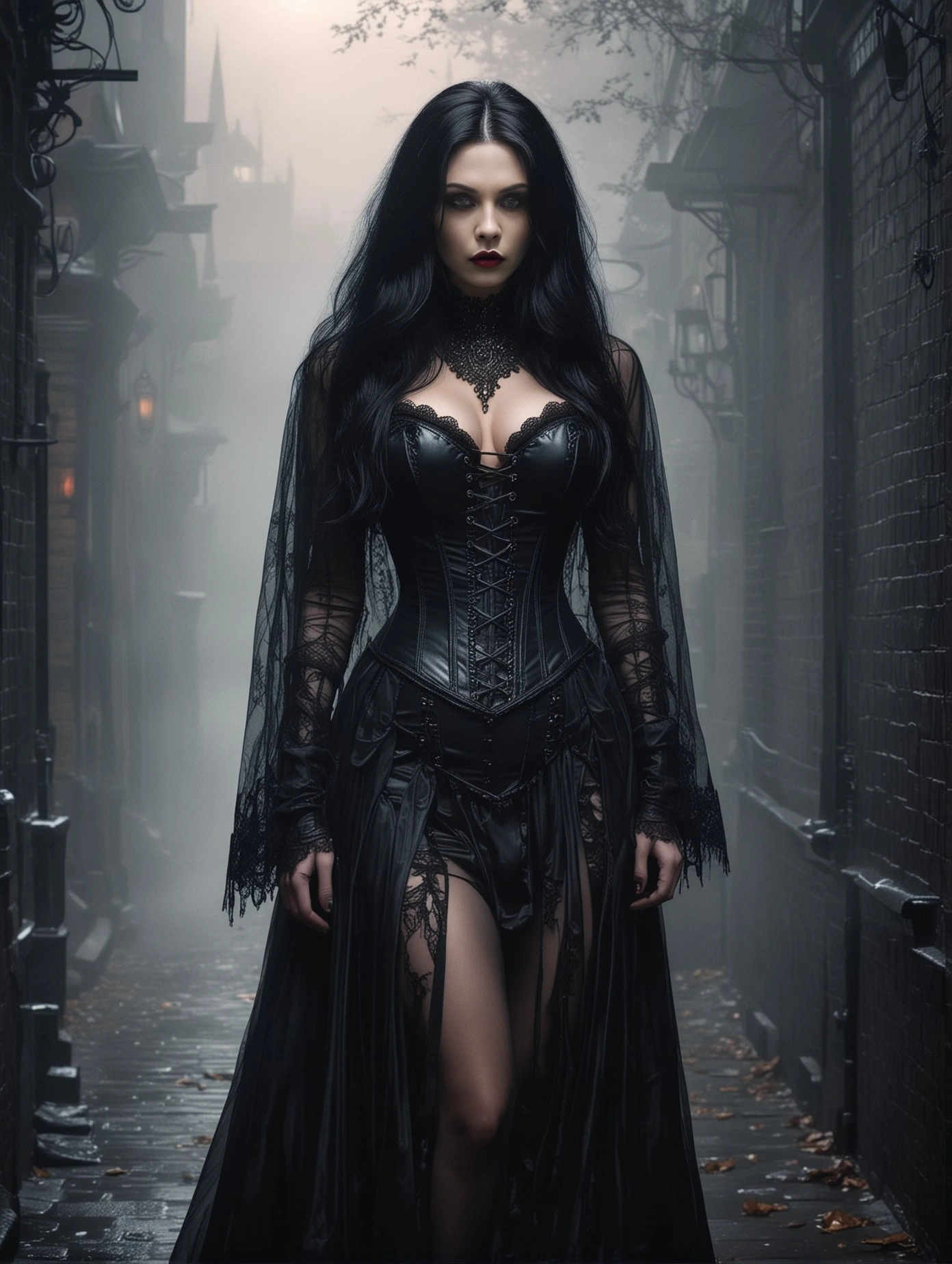 A gothic woman in a black lace corset dress, walking confidently through a foggy, gothic alley with a determined expression.
