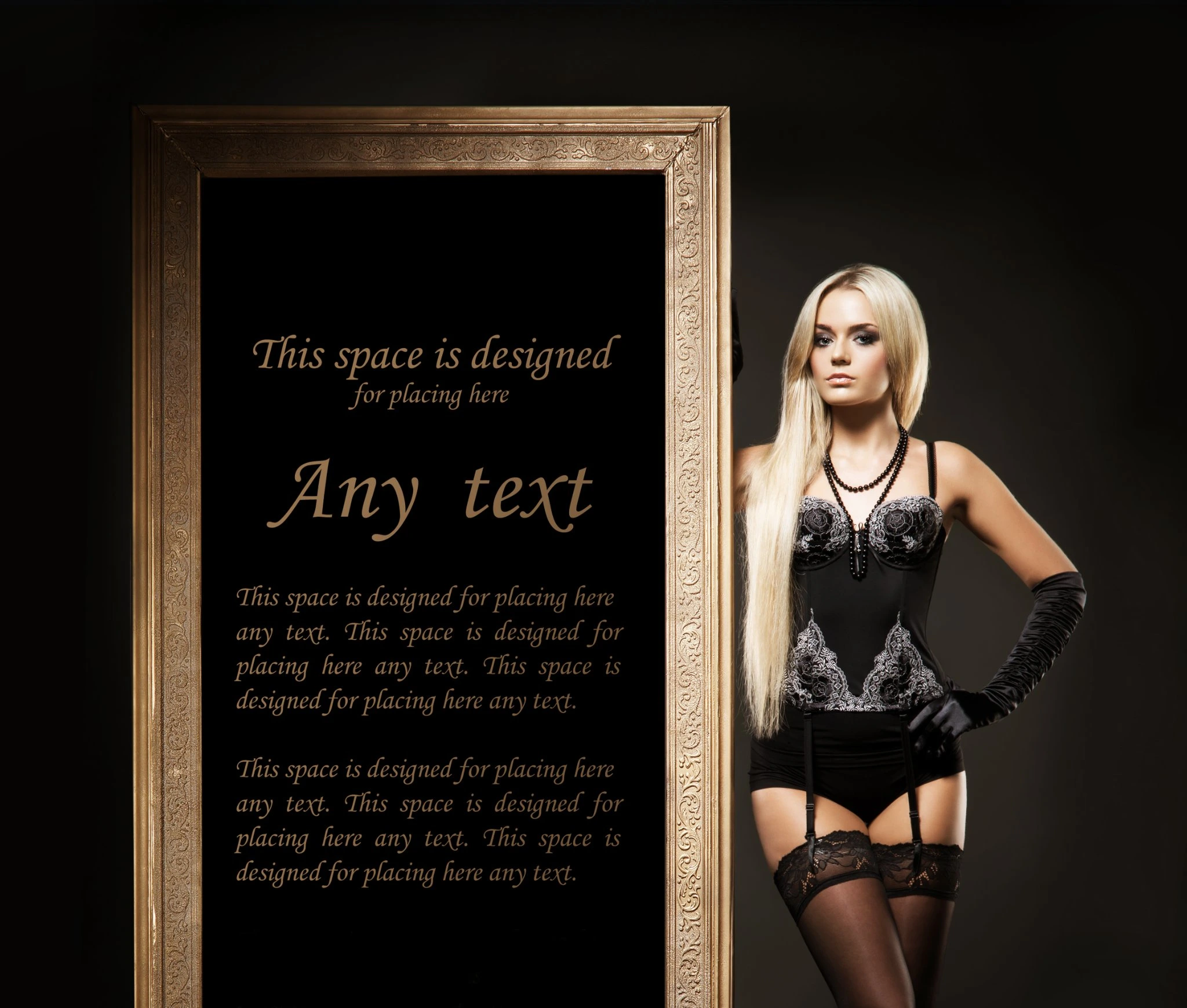 Blonde woman in black lingerie and long gloves, standing confidently next to a large ornate gold frame.