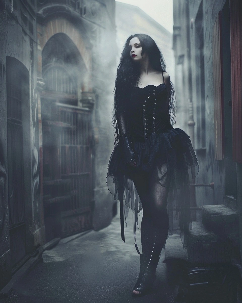 A gothic woman with long black hair, dressed in a dark, flowing dress, standing in a misty alley with a mysterious atmosphere.