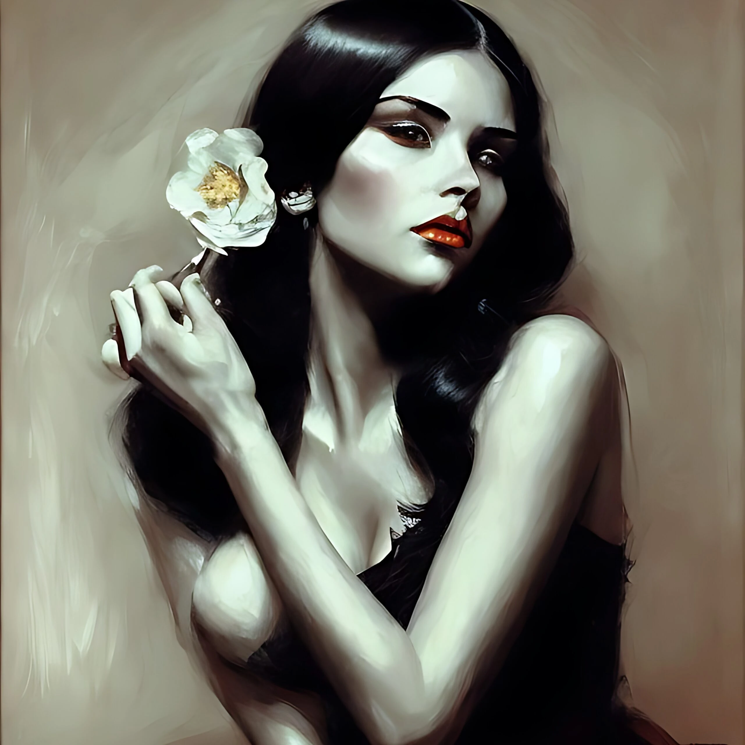 Elegant woman with long dark hair holding a white flower and wearing a strapless dress.