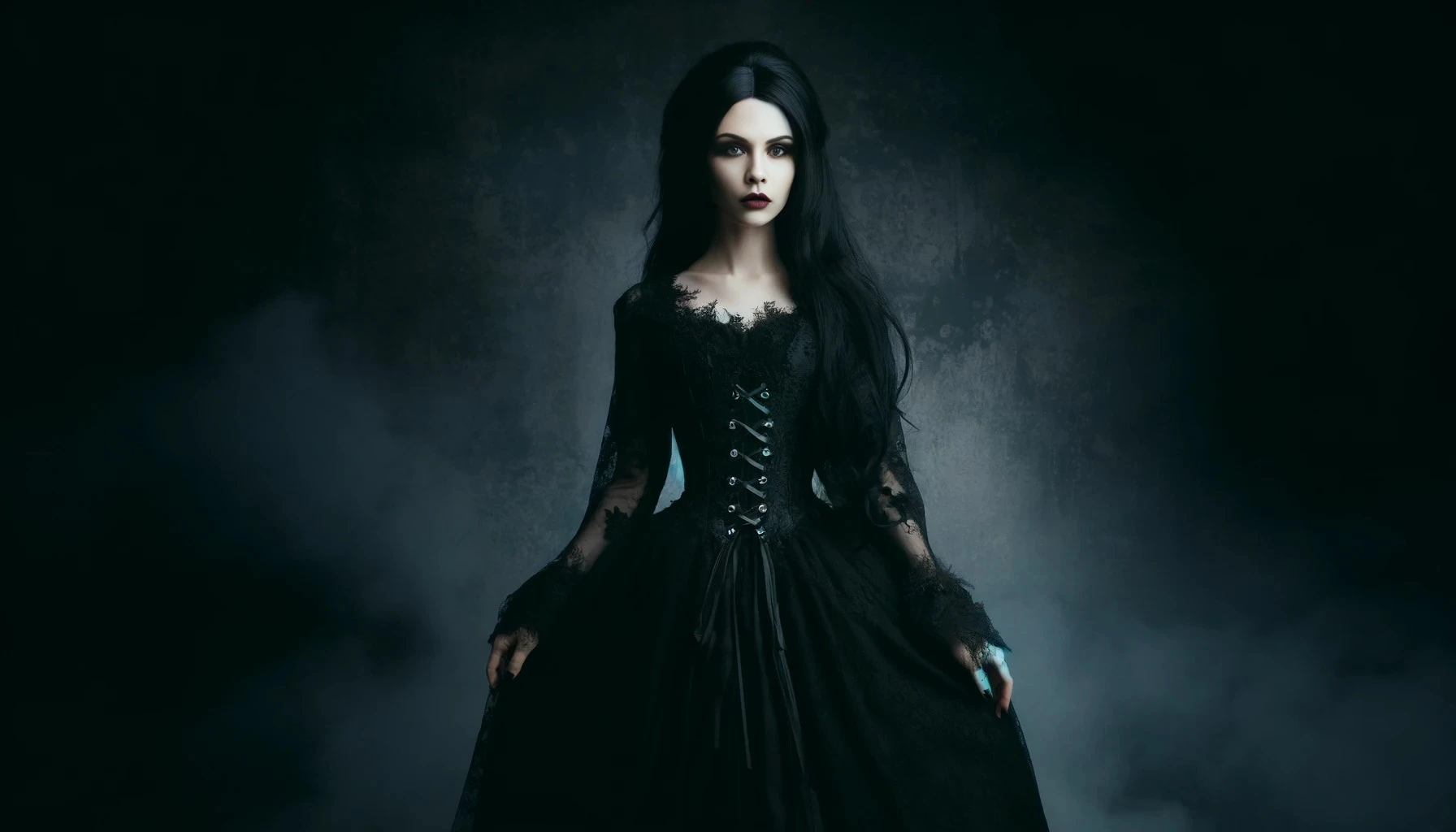 A gothic woman in a long, black dress with lace details, standing in a dark, foggy environment with a serious expression.