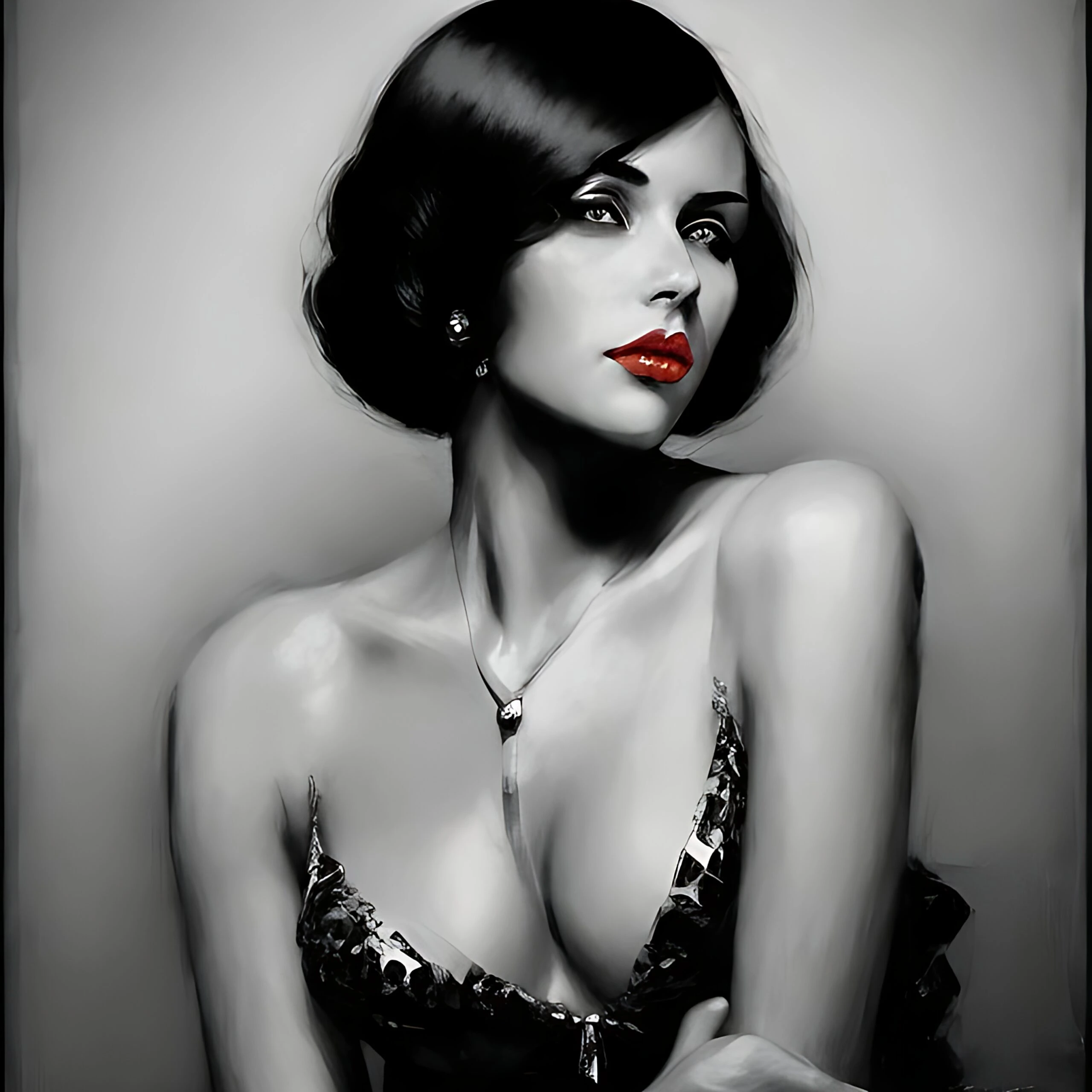 Sensual woman with dark, wavy hair and red lips, wearing a revealing outfit.