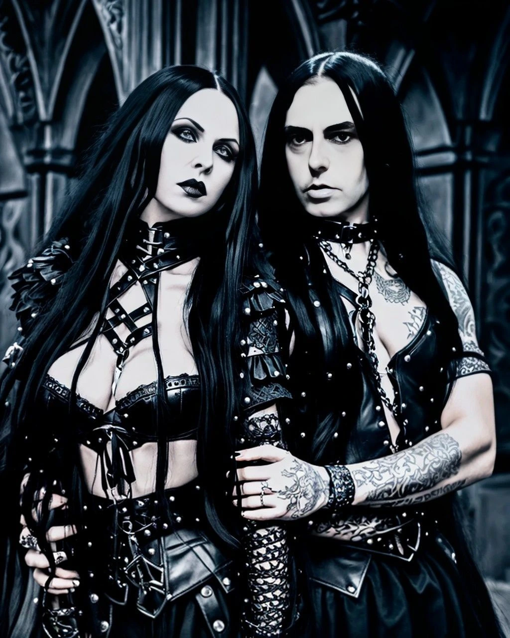 A gothic vampire couple, a woman with long black hair and a man with tattoos, dressed in black leather and gothic accessories, standing in a dark, gothic setting.