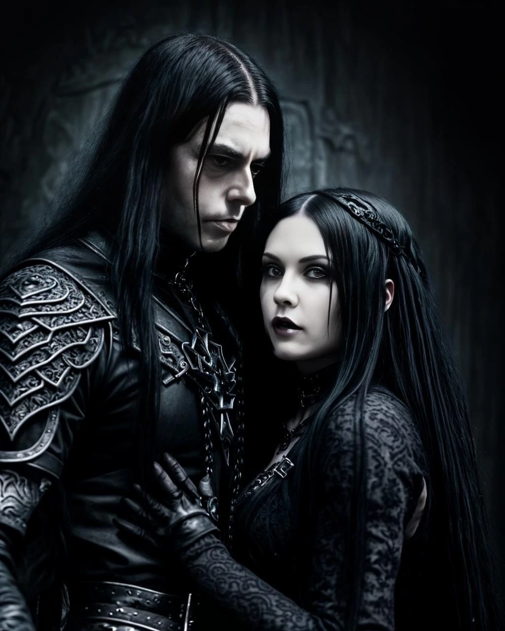 A gothic vampire couple, a man and a woman with long black hair, dressed in dark gothic clothing, standing closely together with intense expressions.