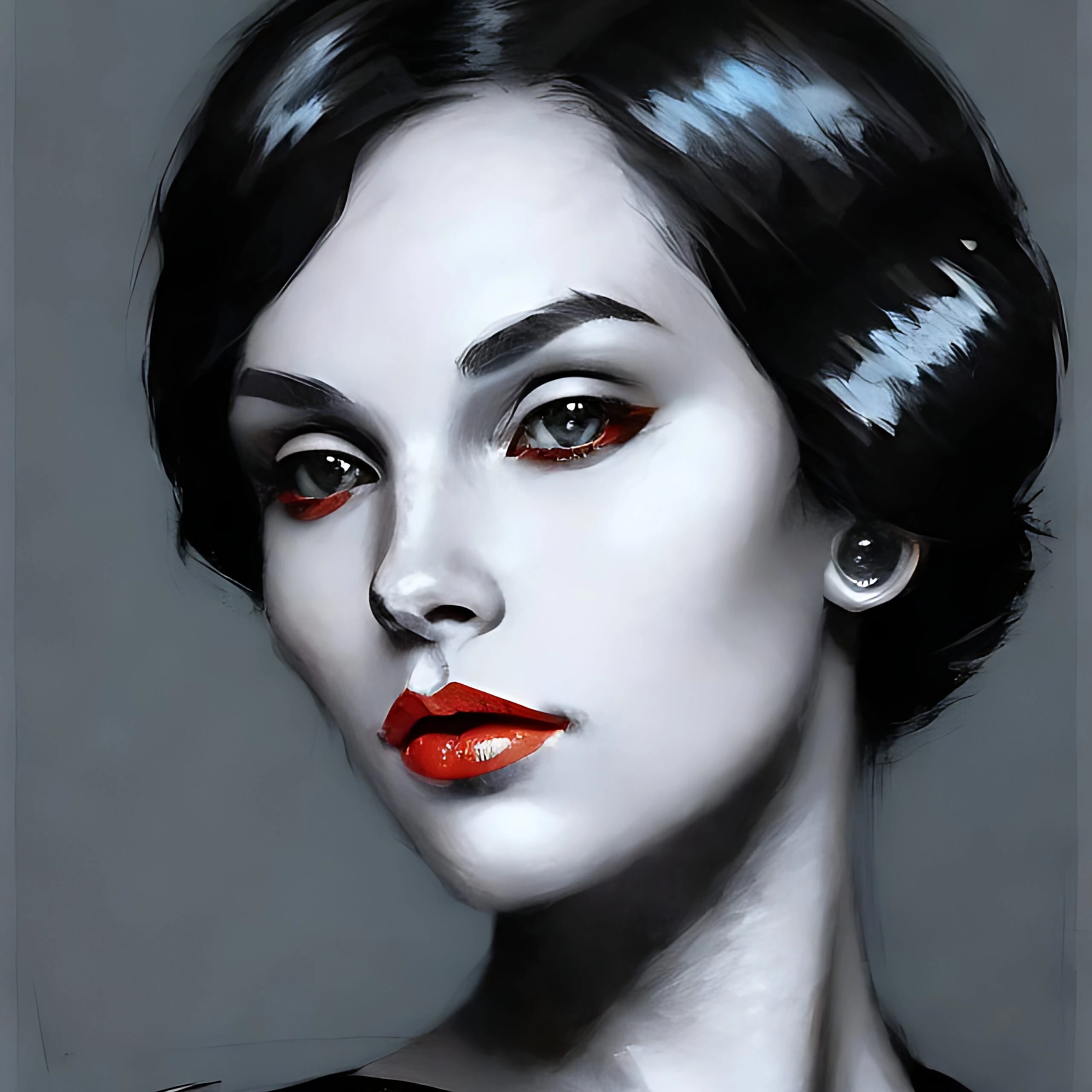 Woman with dark hair and red lips, featuring a gothic and dramatic look.