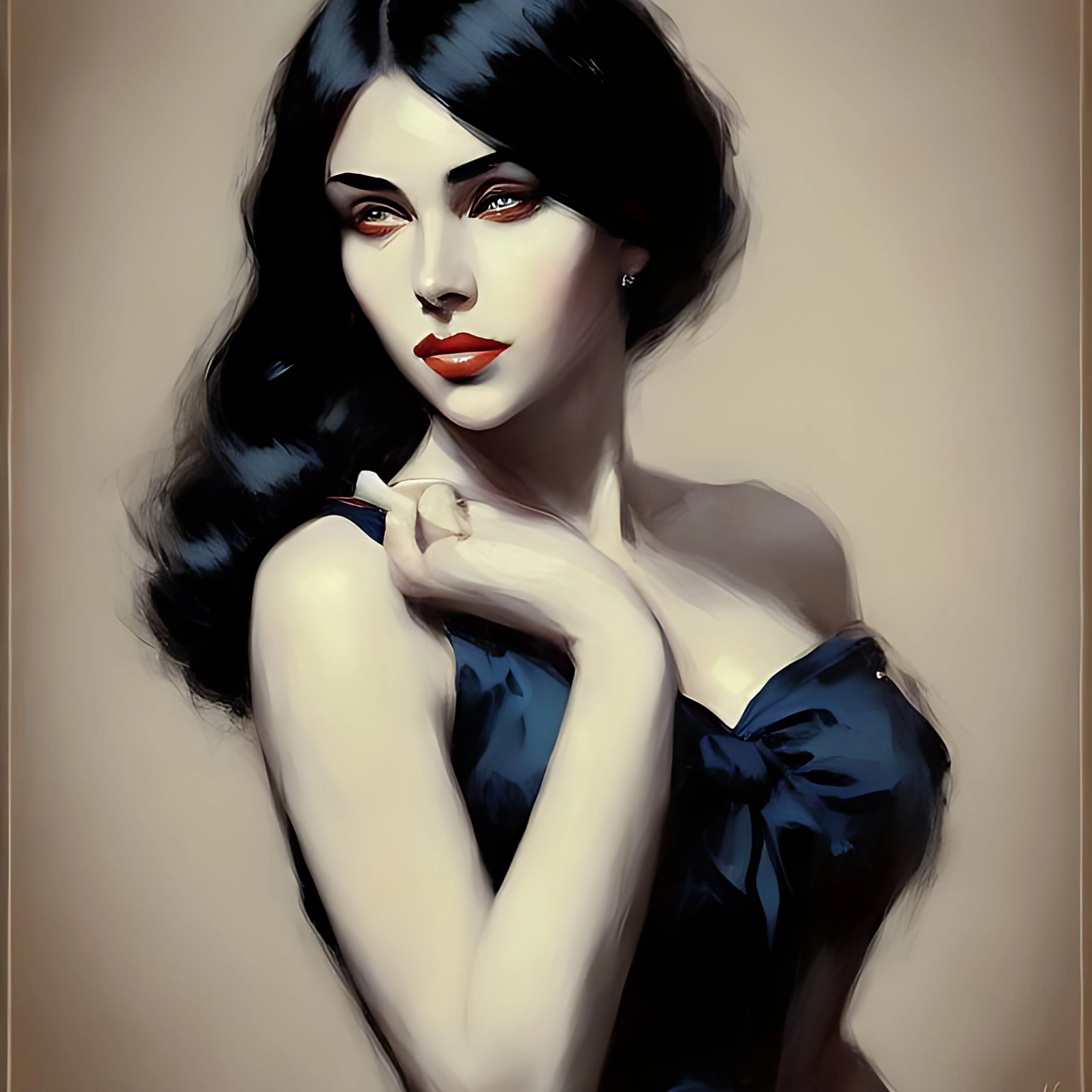 Graceful woman with flowing dark hair wearing a dark dress, gazing intently.