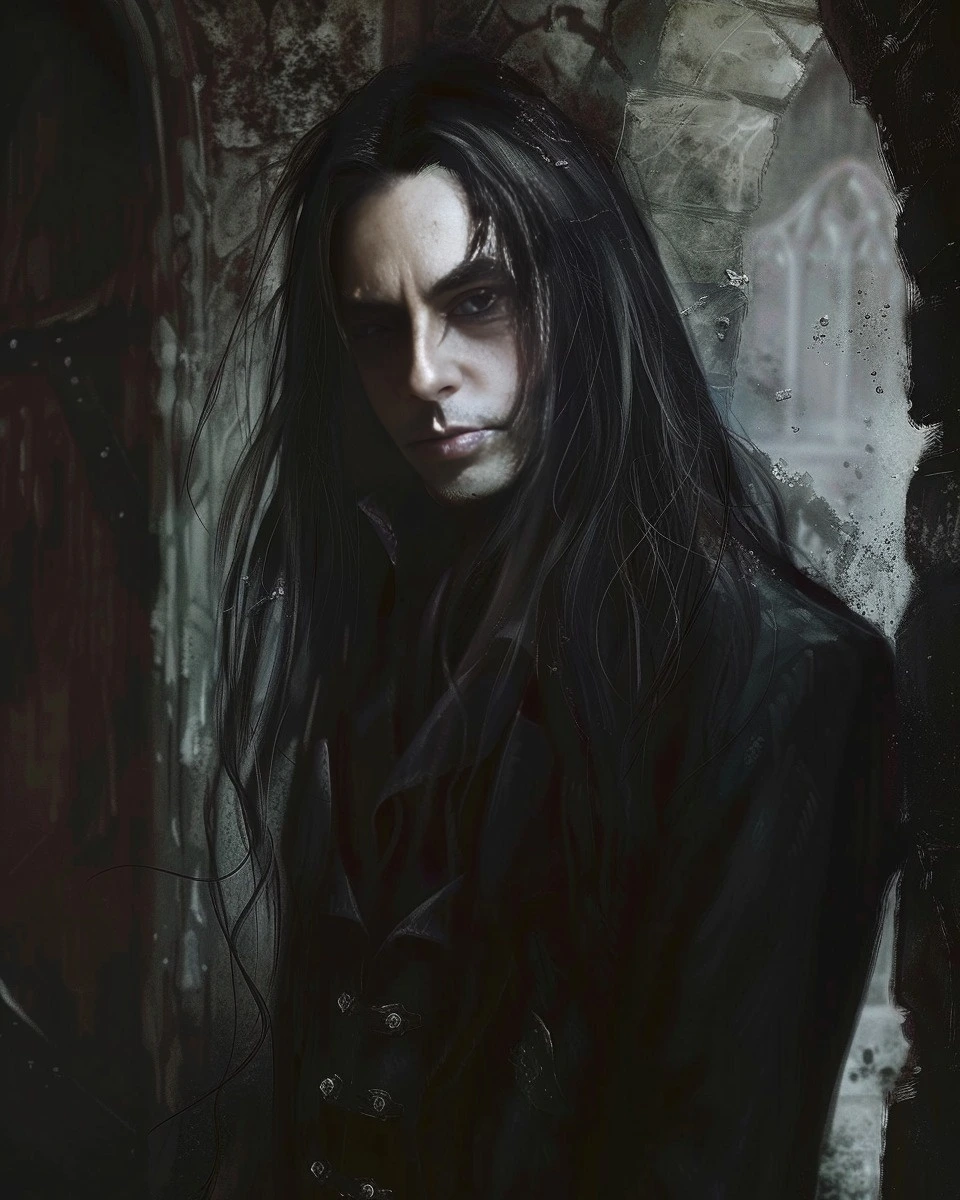 A gothic vampire man with long black hair and pale skin, standing in a dark, eerie environment with a serious expression.