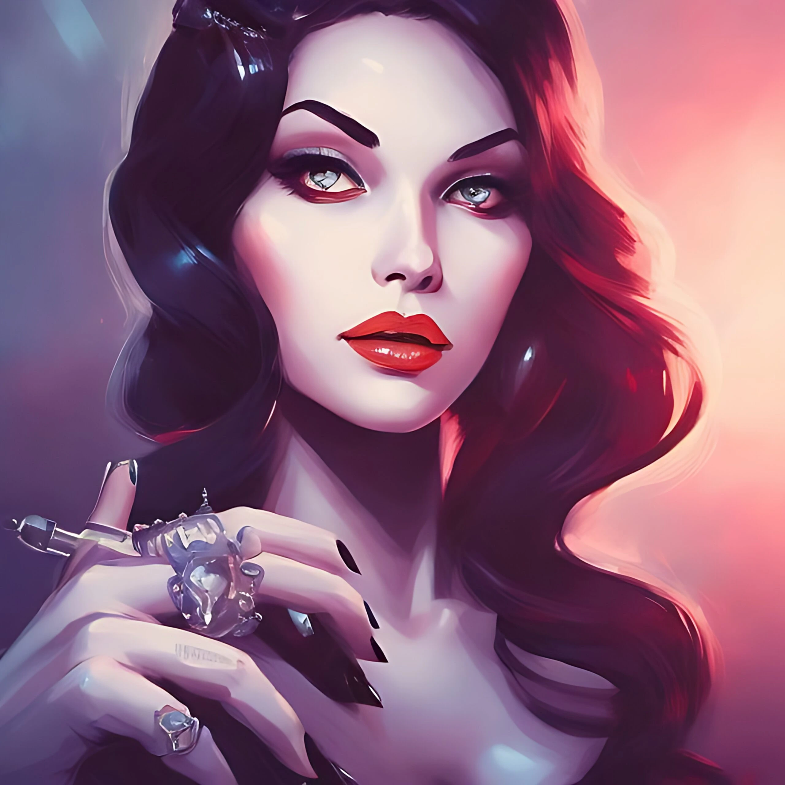 Mystery and Elegance: Portrait of a mysterious woman with dark hair and piercing eyes holding a skull-shaped ring.