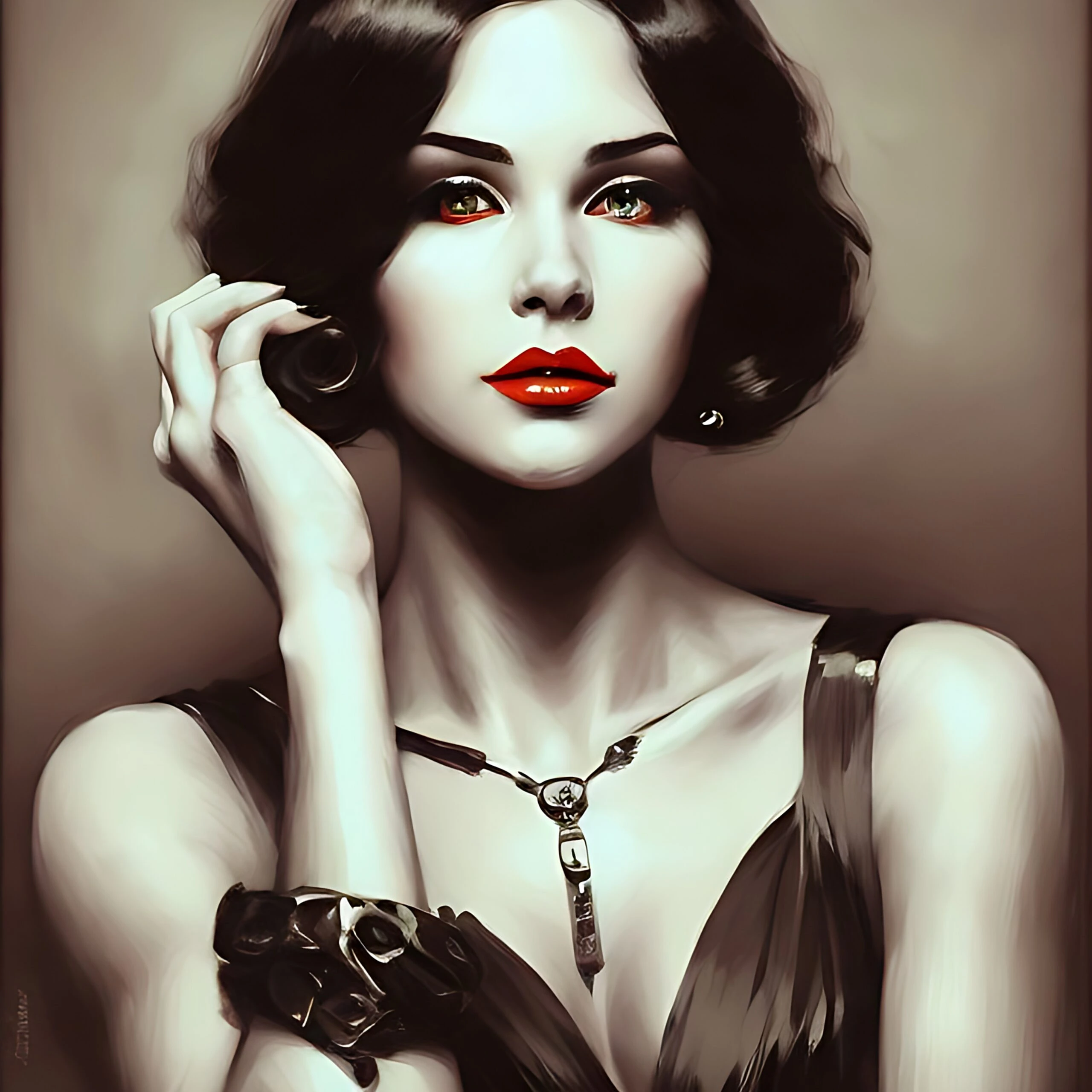 Sophisticated woman with short dark hair, red lips, and wearing a dark gown with accessories.