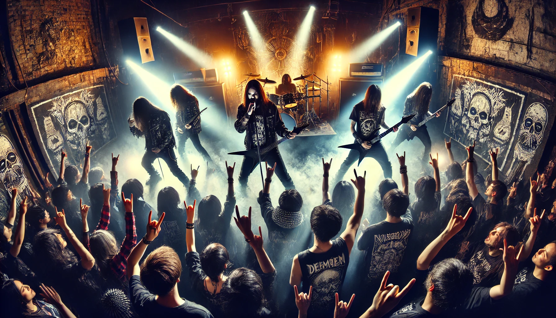 Bands that wrecked the radio: Powerful scene of a rebellious band performing live on stage surrounded by an electrified audience in a dark, gritty venue.