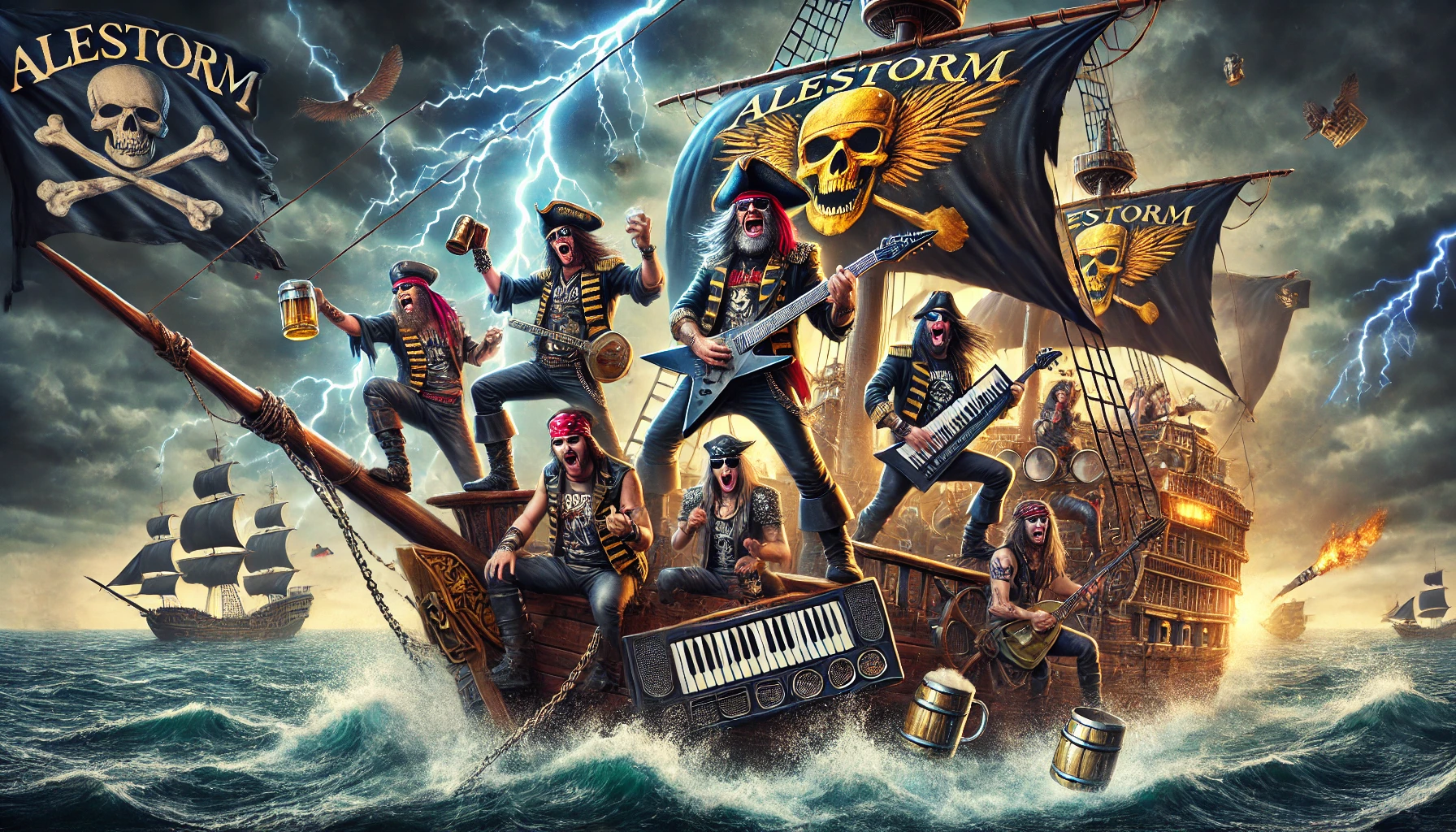 High-energy pirate-themed scene inspired by Alestorm, showing a pirate ship rocking on stormy seas with the band playing instruments and fans cheering.
