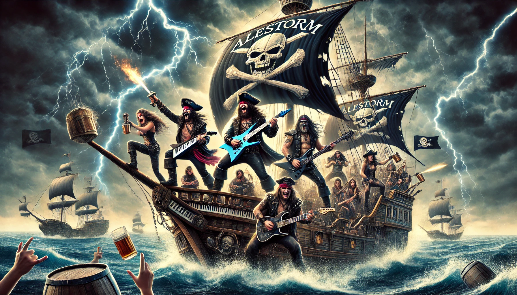 Dynamic pirate-themed scene with a pirate ship battling through stormy seas, featuring the band Alestorm playing instruments on deck with fans cheering.