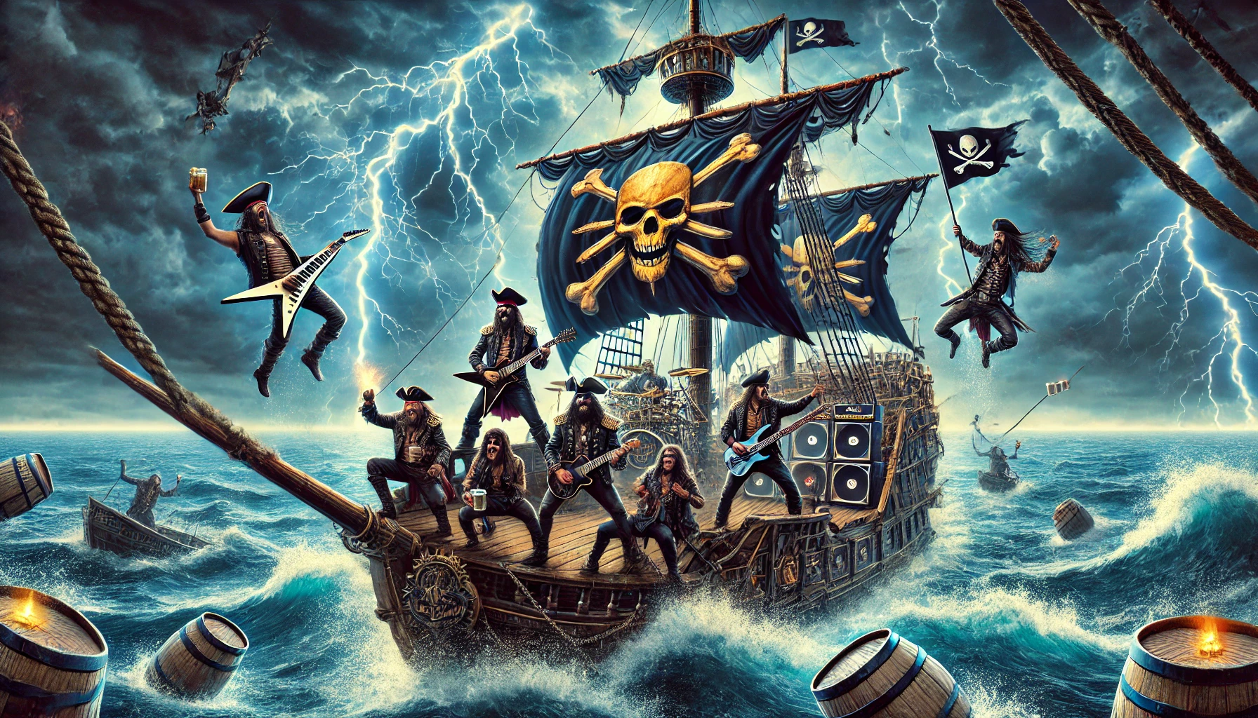 Epic pirate-themed scene of a pirate ship navigating rough seas, with Alestorm band members playing instruments and fans raising mugs of rum.