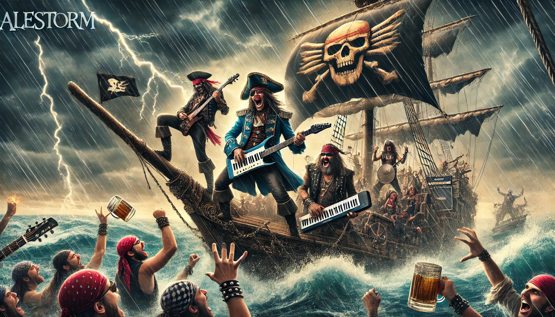 Thrilling pirate-themed scene with Alestorm band members playing instruments on a pirate ship braving stormy seas, fans cheering on deck.