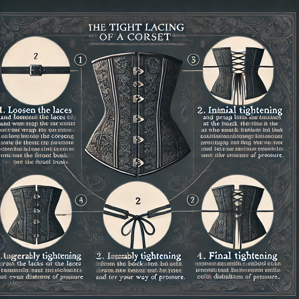 Infographic detailing the step-by-step tight lacing process of a corset, including illustrations of each stage.