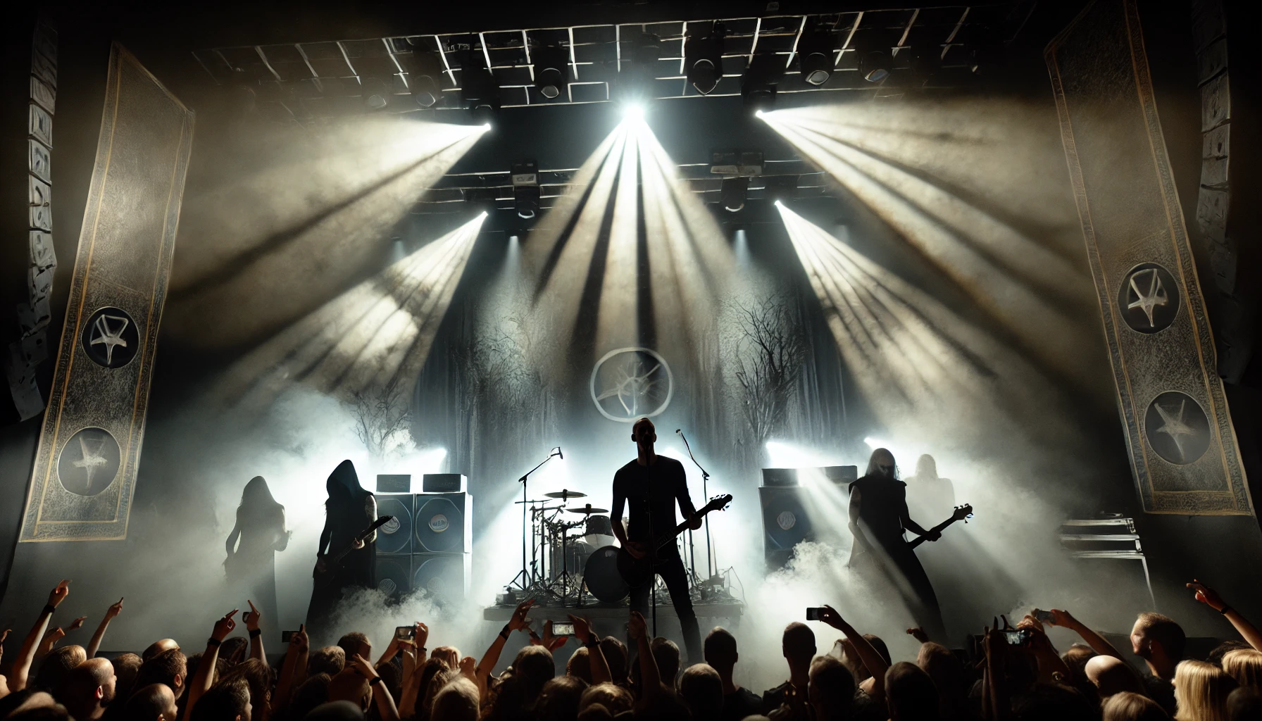 Mono Inc. on stage, enveloped in a mystical fog, with dramatic lighting casting eerie shadows
