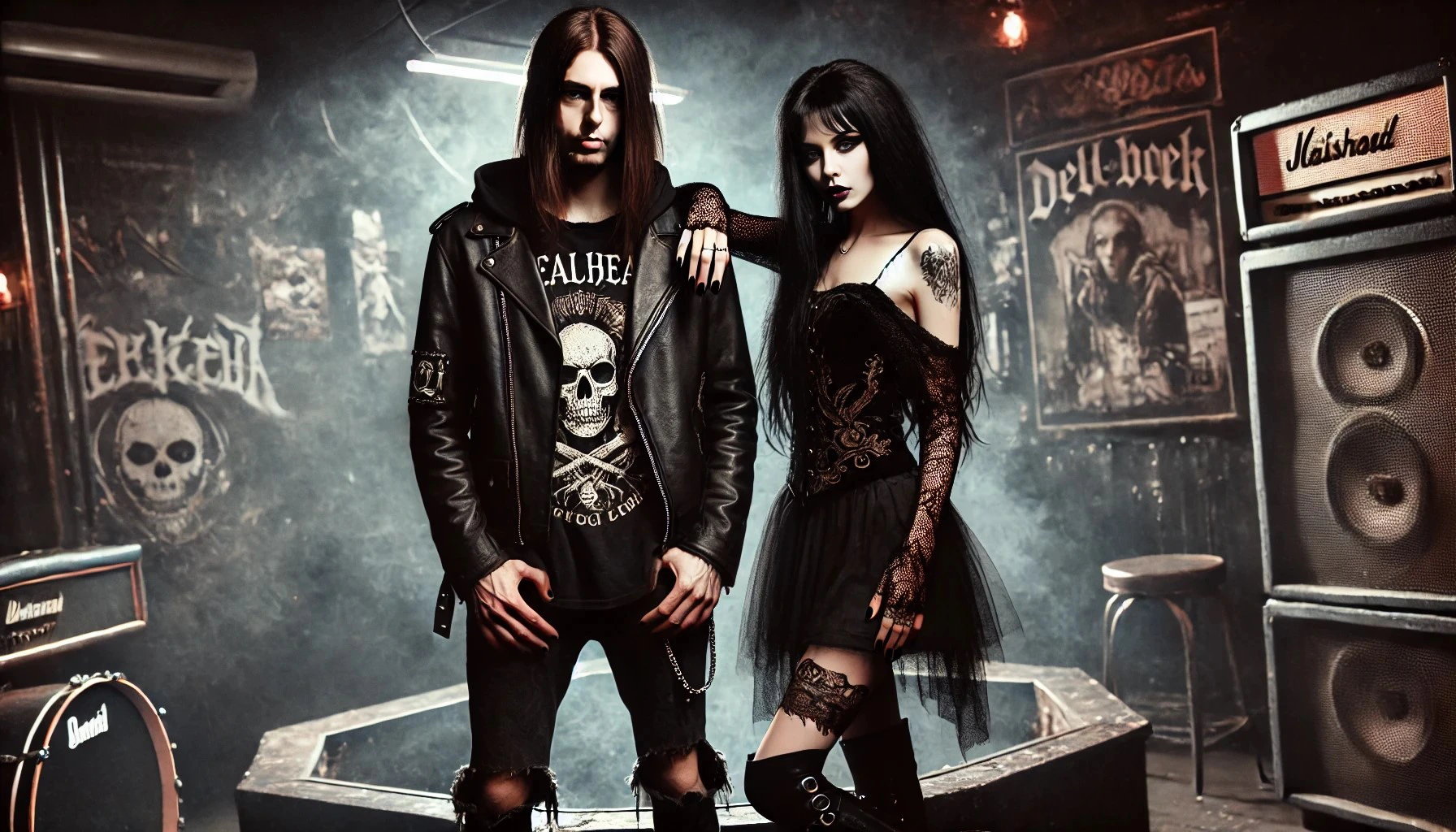 Metalhead man with long black hair and goth woman in a black lace dress, standing in an industrial setting with graffiti, posters, and musical equipment.