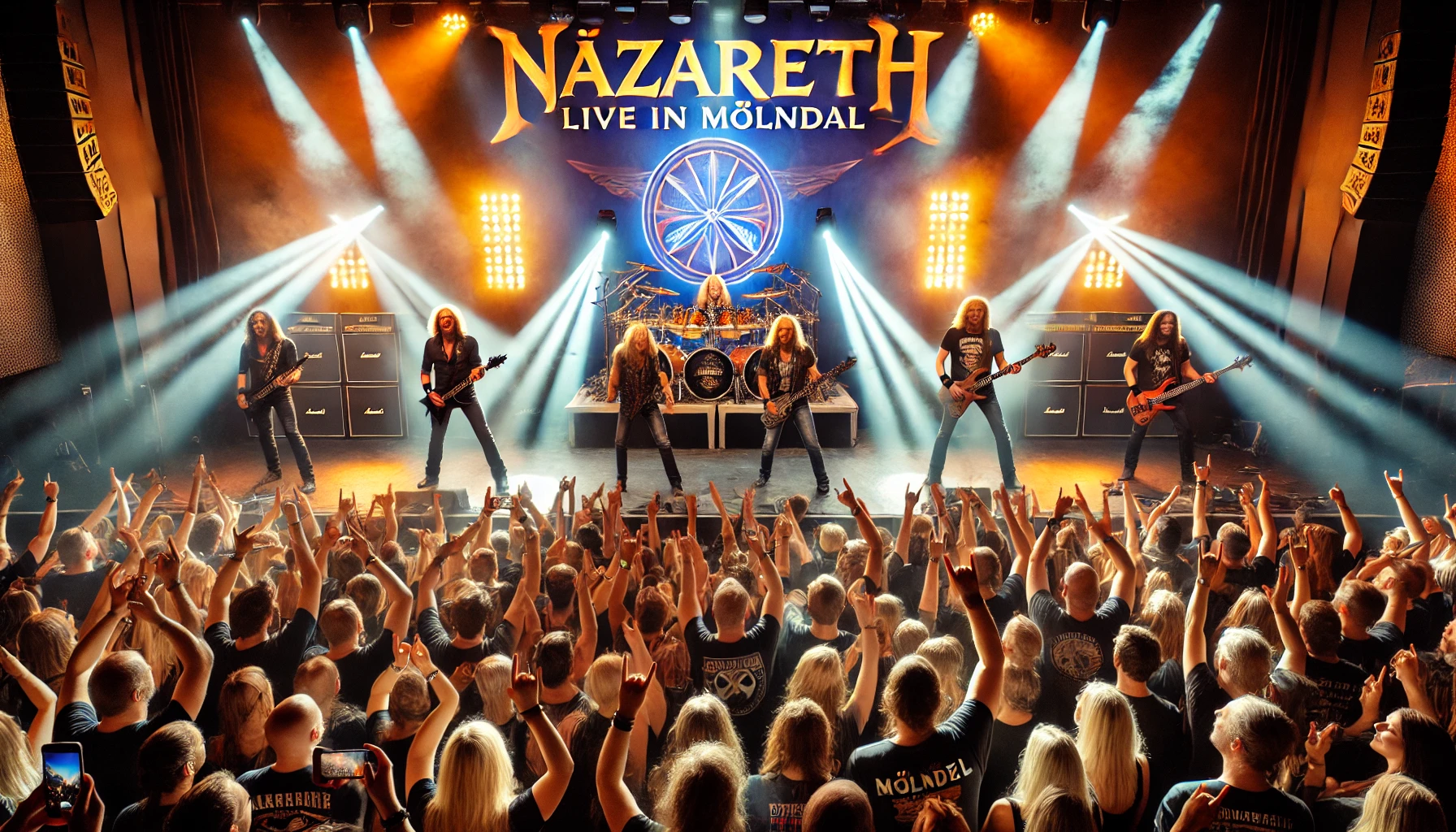 Electrifying concert scene featuring the legendary rock band Nazareth performing live on stage in Mölndal, with vibrant lighting effects and an animated crowd.