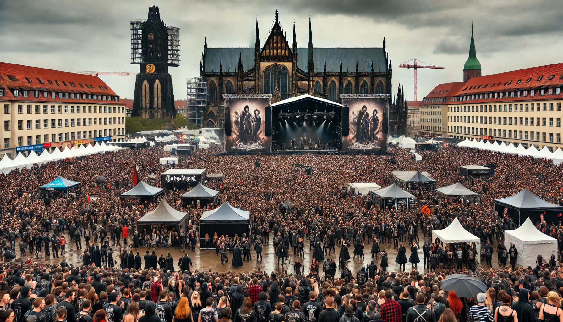 A panoramic view of Wave Gotik Treffen festival with large crowds dressed in gothic and metal attire, multiple stages with bands performing, and gothic architecture in the background in Leipzig, Germany.