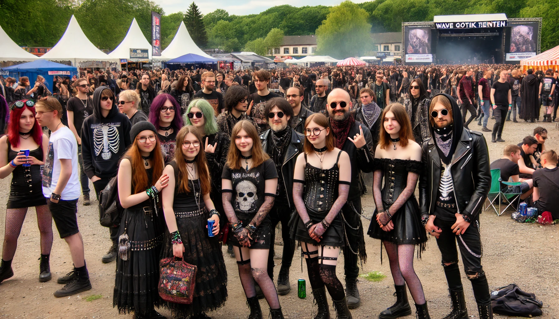 Groups of people at the Wave Gotik Treffen festival, dressed in gothic and metal attire, enjoying the event with smiles, engaging in conversations, and posing for pictures. The background includes festival stalls, trees, and a lively atmosphere.