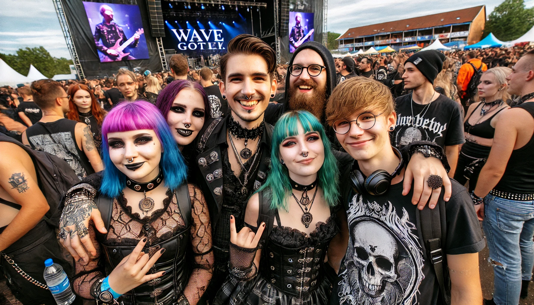 A close-up shot of a group of friends at Wave Gotik Treffen festival, dressed in gothic and metal attire, smiling and having a great time. The background shows a stage with a band performing and other festival-goers enjoying the music.