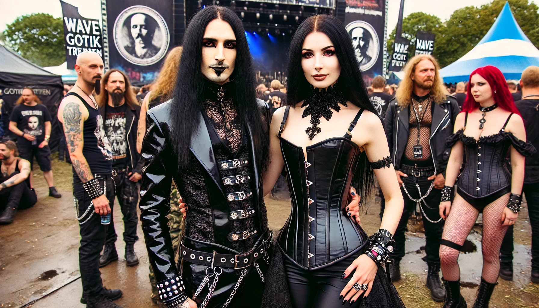A gothic woman wearing a slim fit latex corset and pants, standing next to a gothic man with long black hair at the Wave Gotik Treffen festival. Both are dressed in elaborate gothic attire. The background includes festival elements such as a stage, other attendees, and gothic decorations.