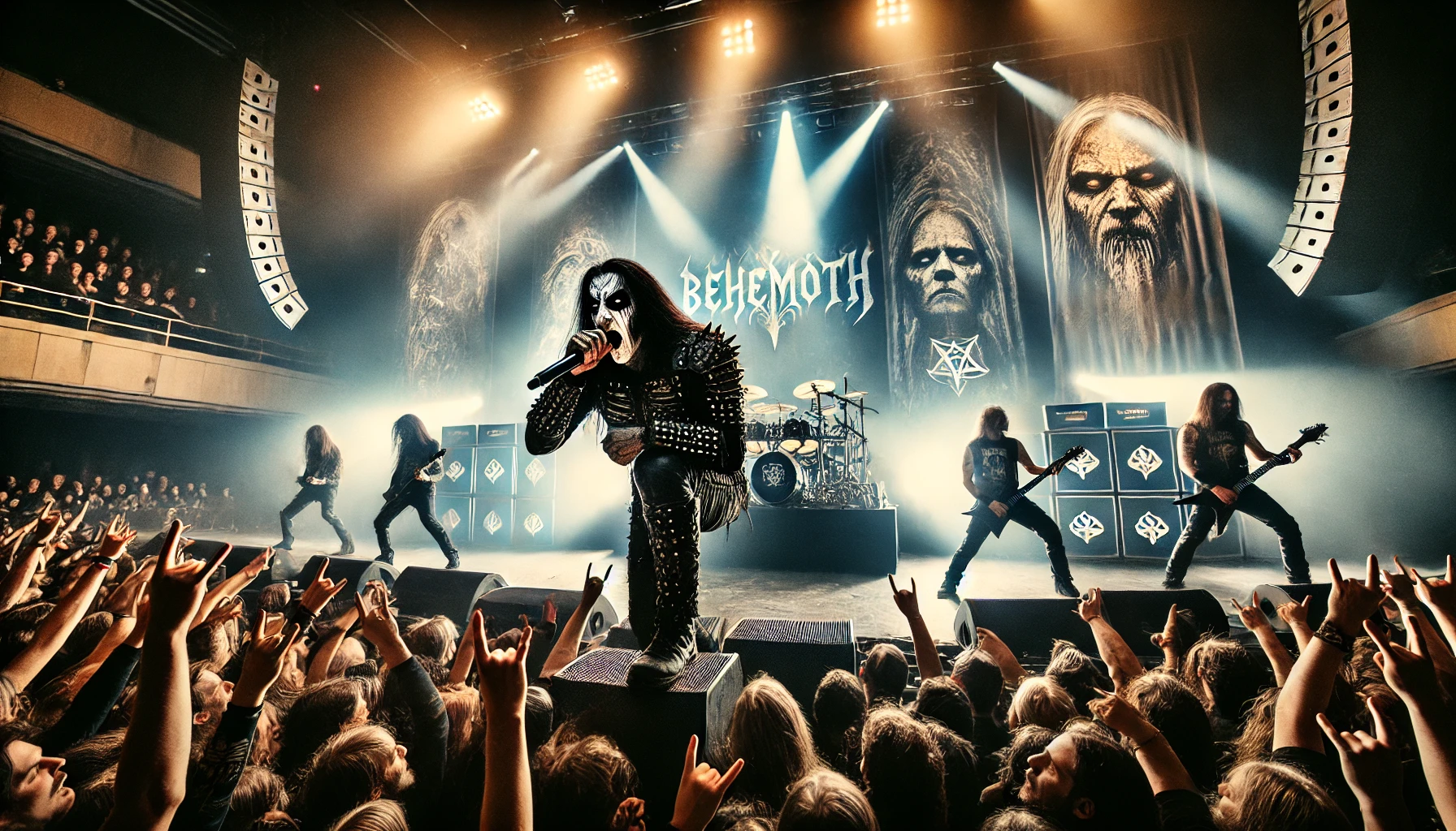 Behemoth and Testament live on stage at Malmö Arena with dramatic lighting, including spotlights and pyrotechnics. Behemoth's Nergal is in the foreground, wearing corpse paint and delivering a powerful performance. Testament's Chuck Billy is also prominently displayed, passionately engaging with the crowd.