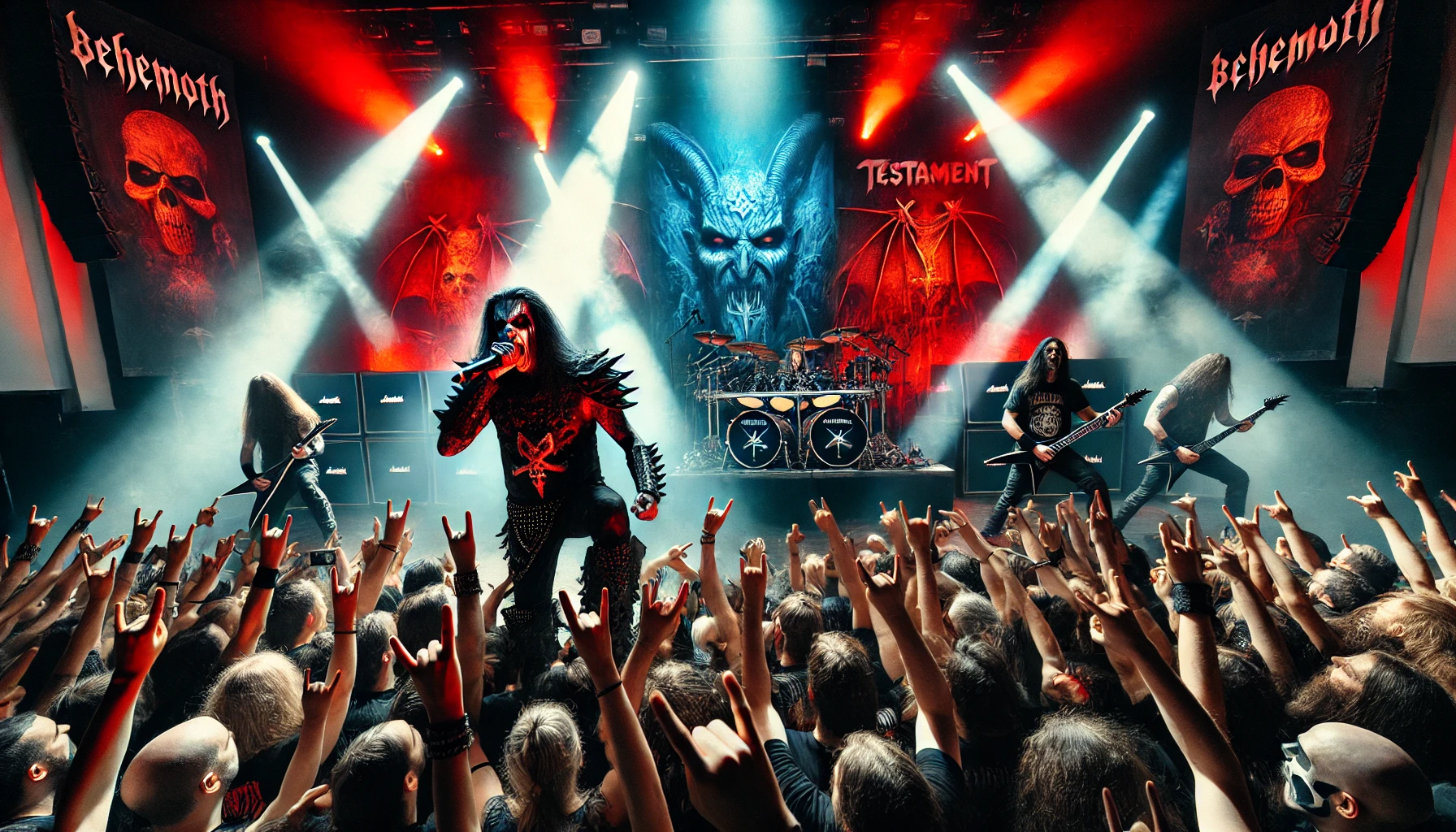 A high-energy concert scene featuring Behemoth and Testament performing live with dramatic red and blue lights and pyrotechnics. Behemoth's Nergal, in corpse paint, is seen in the foreground delivering a powerful performance. The crowd is filled with metalheads headbanging and raising their horns.