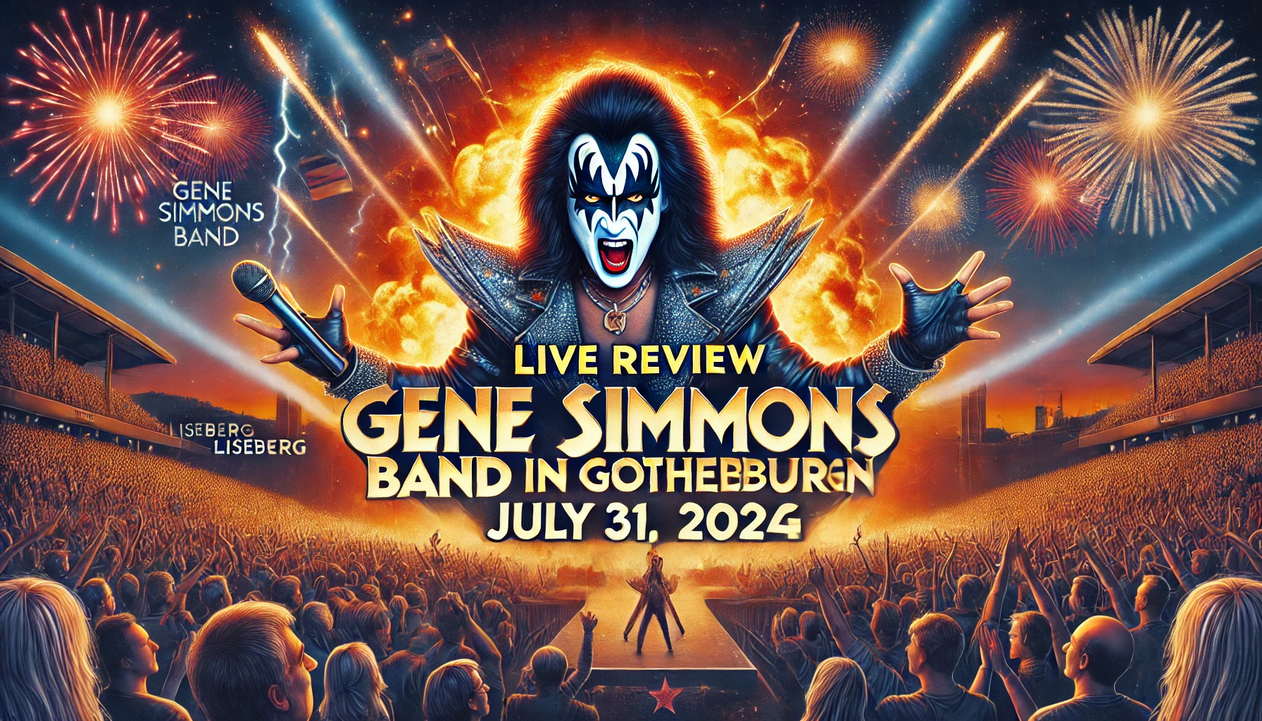 Concert review banner for Gene Simmons Band Live in Gothenburg on July 31, 2024, featuring Gene Simmons in iconic makeup and costume performing on stage with dramatic lighting and pyrotechnics, and a packed crowd of excited fans at Liseberg.