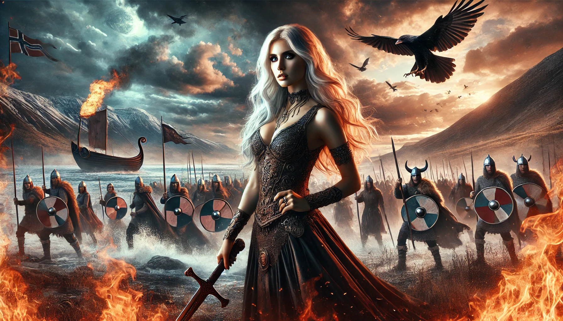 A powerful scene inspired by Warkings' album 'Odin's Sons' featuring a woman inspired by Melissa Bonny. The scene includes Viking warriors, epic battlefields, and Norse mythology elements like ravens and Valkyries. The woman stands confidently with a sword, surrounded by flames and dramatic skies, embodying the fierce spirit of a shieldmaiden. The background has a Norse-inspired landscape with mountains and a raging sea, creating an intense and epic atmosphere.