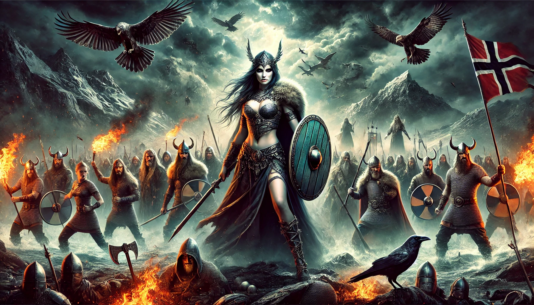 An epic scene inspired by Warkings' album 'Odin's Sons' featuring a fierce woman inspired by Melissa Bonny. She stands as a shieldmaiden in a battlefield, surrounded by Viking warriors, with dramatic skies and flames in the background. Elements of Norse mythology such as ravens and Valkyries are present, creating a dark and intense atmosphere.