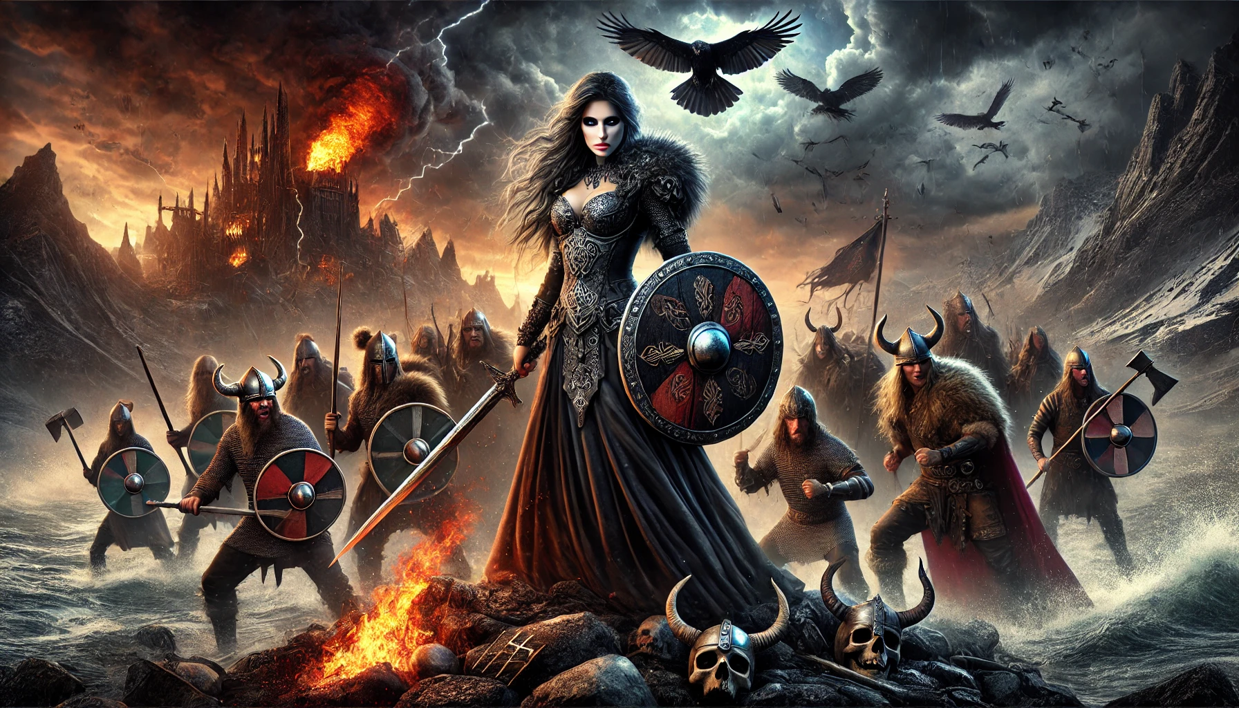 A dramatic and epic scene inspired by Warkings' album 'Odin's Sons' featuring a woman inspired by Melissa Bonny. She stands boldly as a shieldmaiden, with a sword in hand, amidst a fierce battlefield. The background includes Viking warriors, intense flames, stormy skies, and elements of Norse mythology like ravens and Valkyries. The atmosphere is dark, powerful, and filled with the energy of metal music.