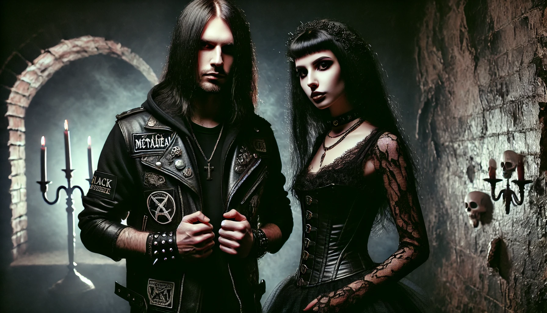 A dark, atmospheric scene featuring a black metalhead man in a leather jacket and a gothic woman in a black lace dress, standing side by side in a dimly lit, gothic setting.