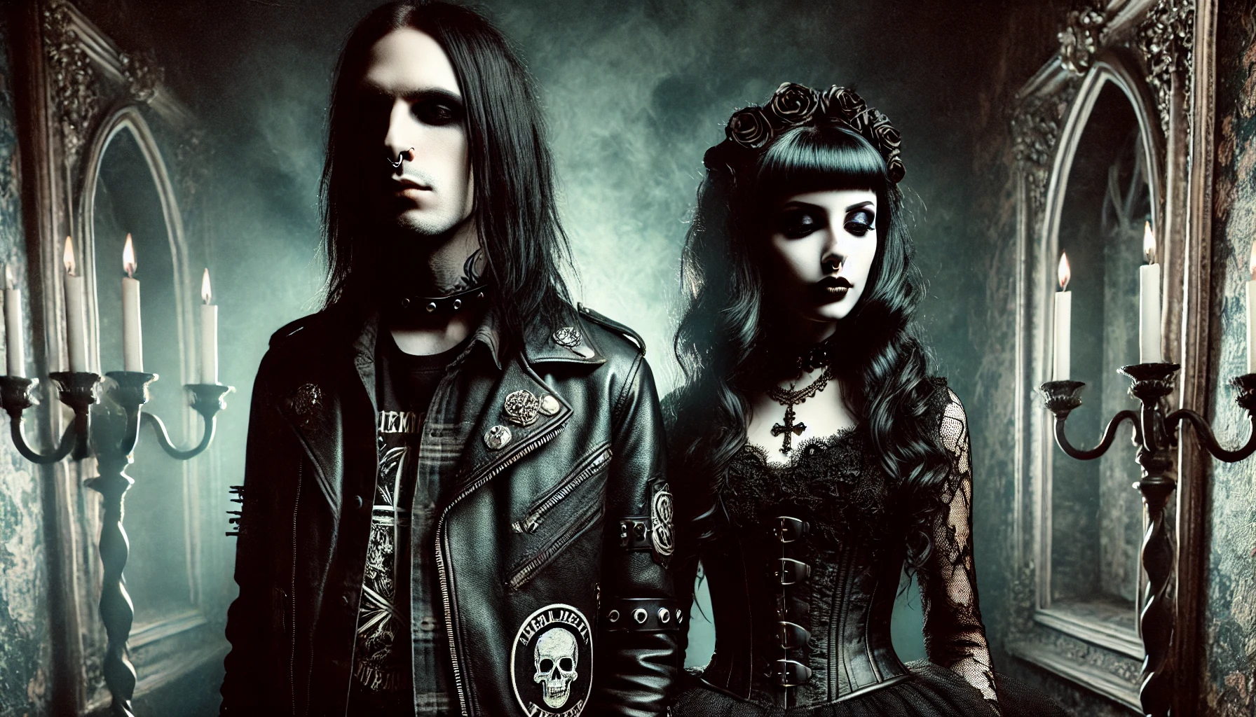 A black metalhead man with piercings and a gothic woman with a rose headpiece, both in black attire, standing in a moody, candlelit gothic room.