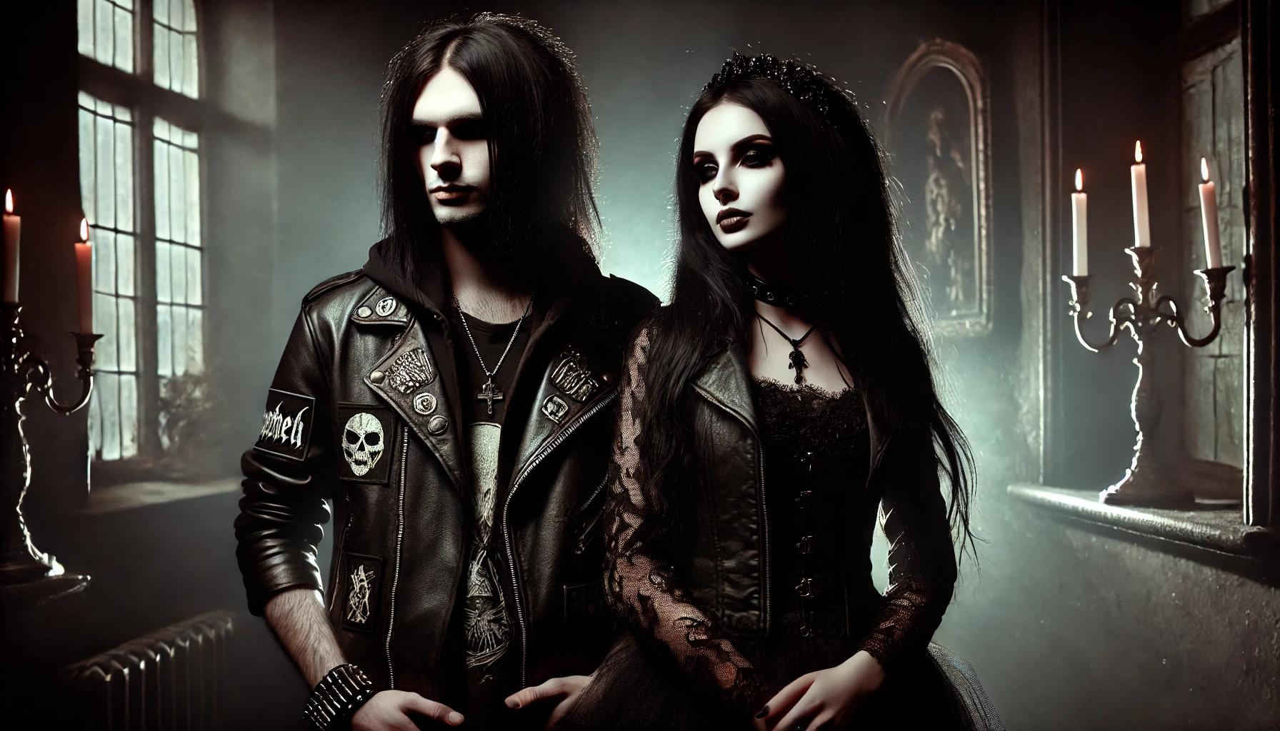 A black metalhead man in a patched leather jacket and a gothic woman in a black lace dress, standing together in a dark, shadowy setting.