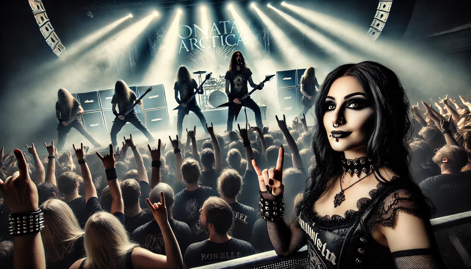 Sonata Arctica performing on stage at Gimle in Roskilde, with a gothic metalhead woman enjoying the concert in the foreground, fans headbanging and holding up metal horns.