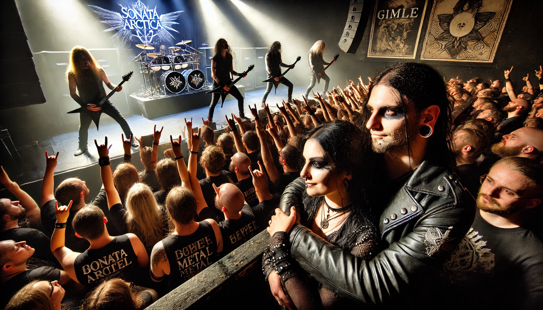 Sonata Arctica performing live at Gimle in Roskilde, featuring a gothic metalhead couple enjoying the concert together, fans energetically reacting. 