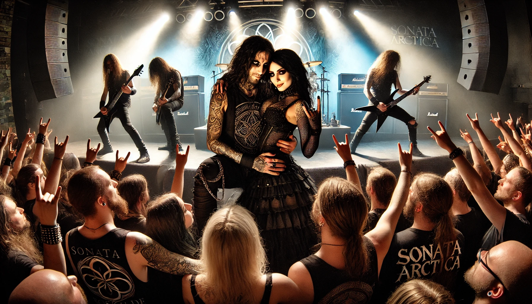 Sonata Arctica live at Gimle in Roskilde, with a gothic metalhead couple showing affection while enjoying the concert, surrounded by excited fans. 
