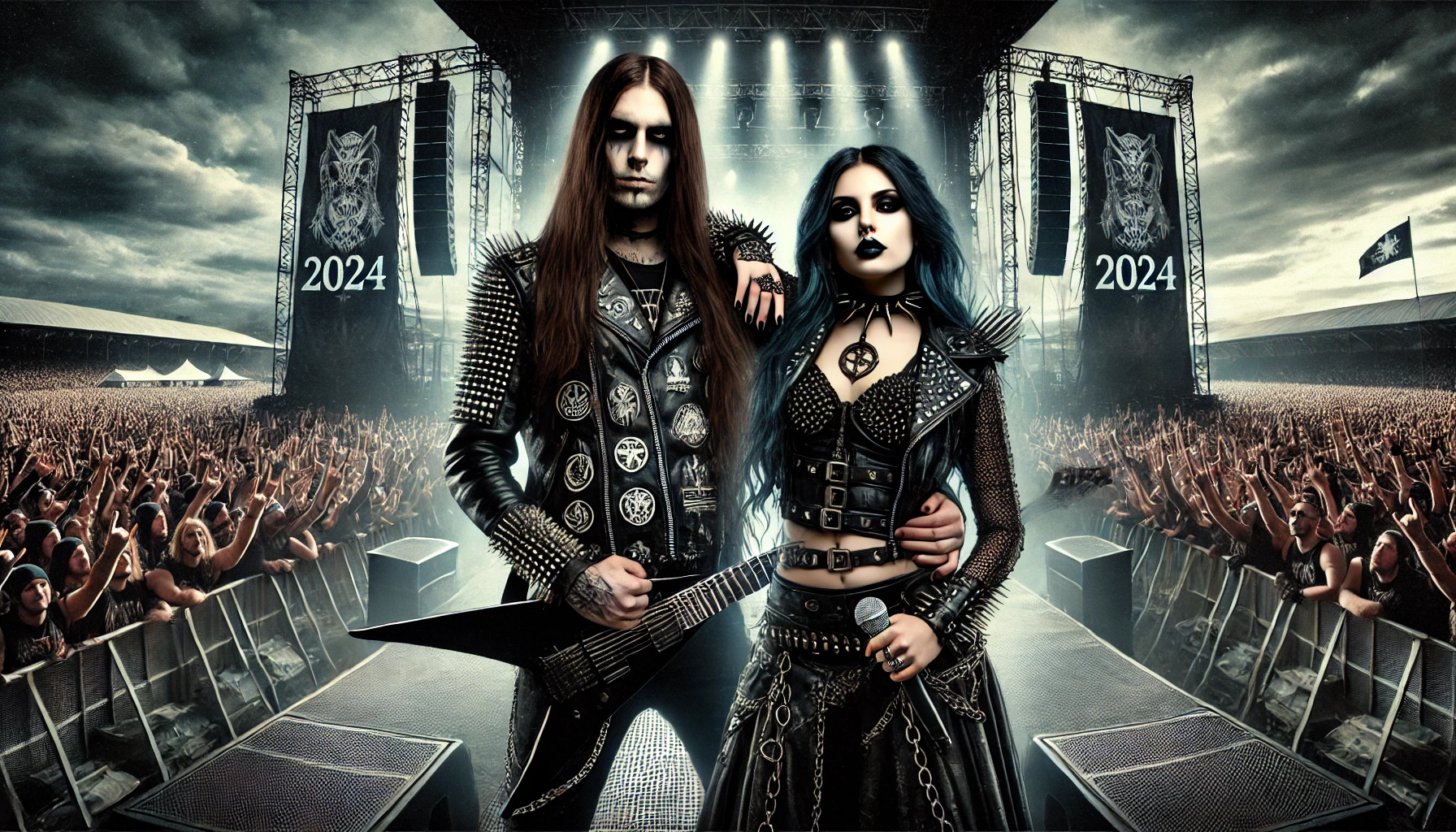 Iconic image of a metalhead man and woman standing together on stage at Bloodstock 2024, with the man holding a guitar and the woman holding a microphone, both wearing gothic attire with a large crowd of metalheads in the background.