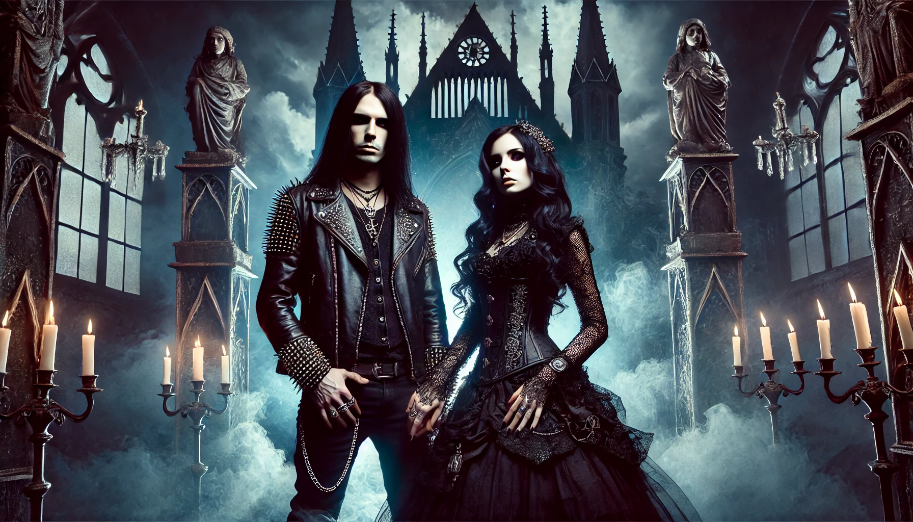 Gothic man and woman in dark attire standing in front of a gothic cathedral-like structure, surrounded by mist and candlelight at M'era Luna 2024.