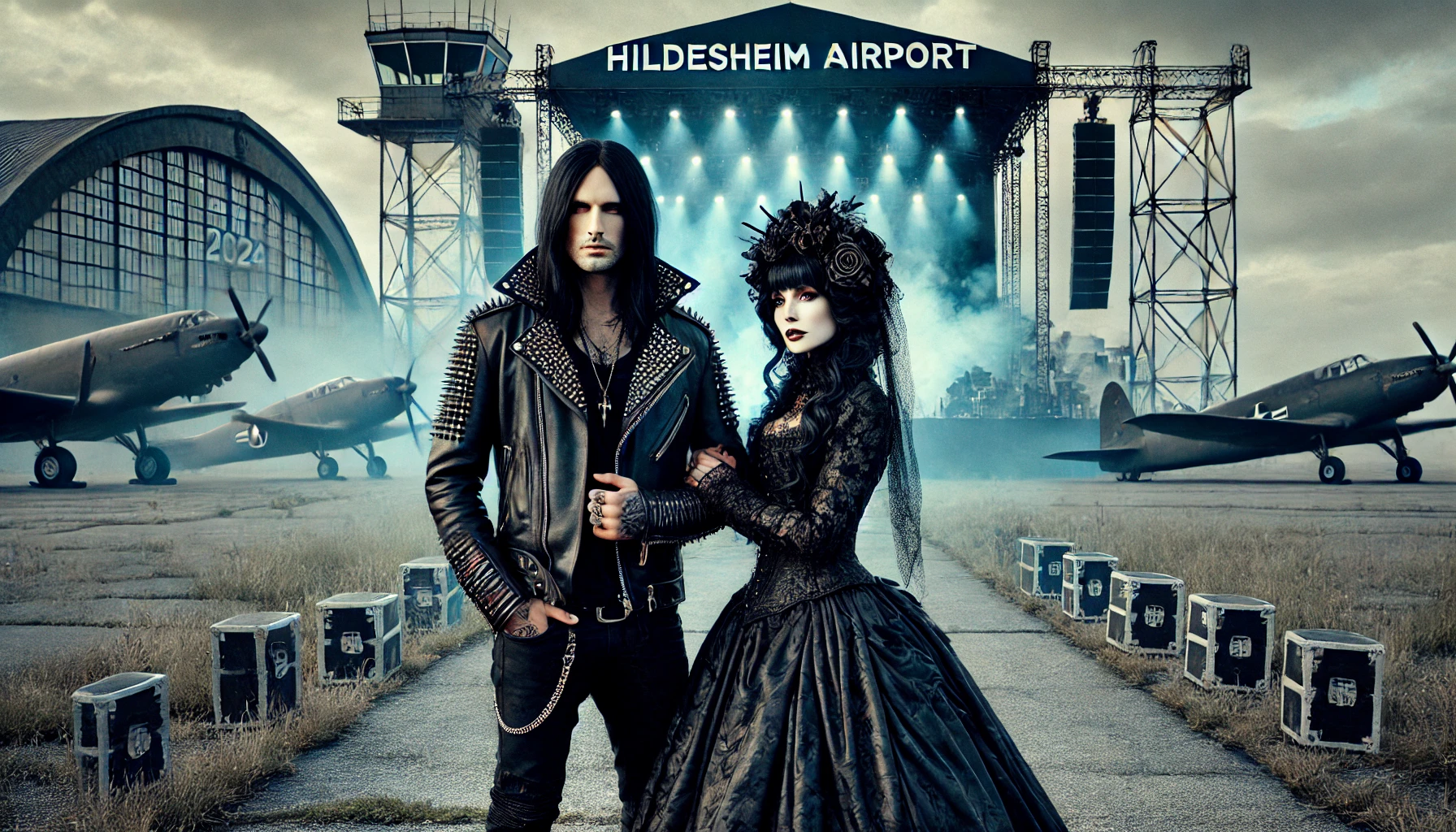 Gothic man and woman standing on an airfield with a large stage and hangars in the background, capturing the atmosphere of M'era Luna 2024 at Hildesheim Airport.