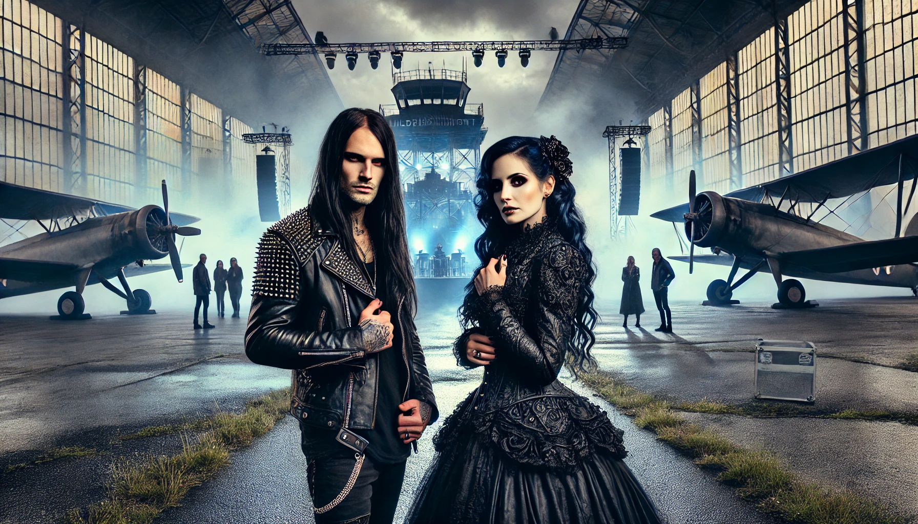 Gothic man and woman standing in front of a large stage at M'era Luna 2024 festival, with airport hangars and vintage planes in the background.