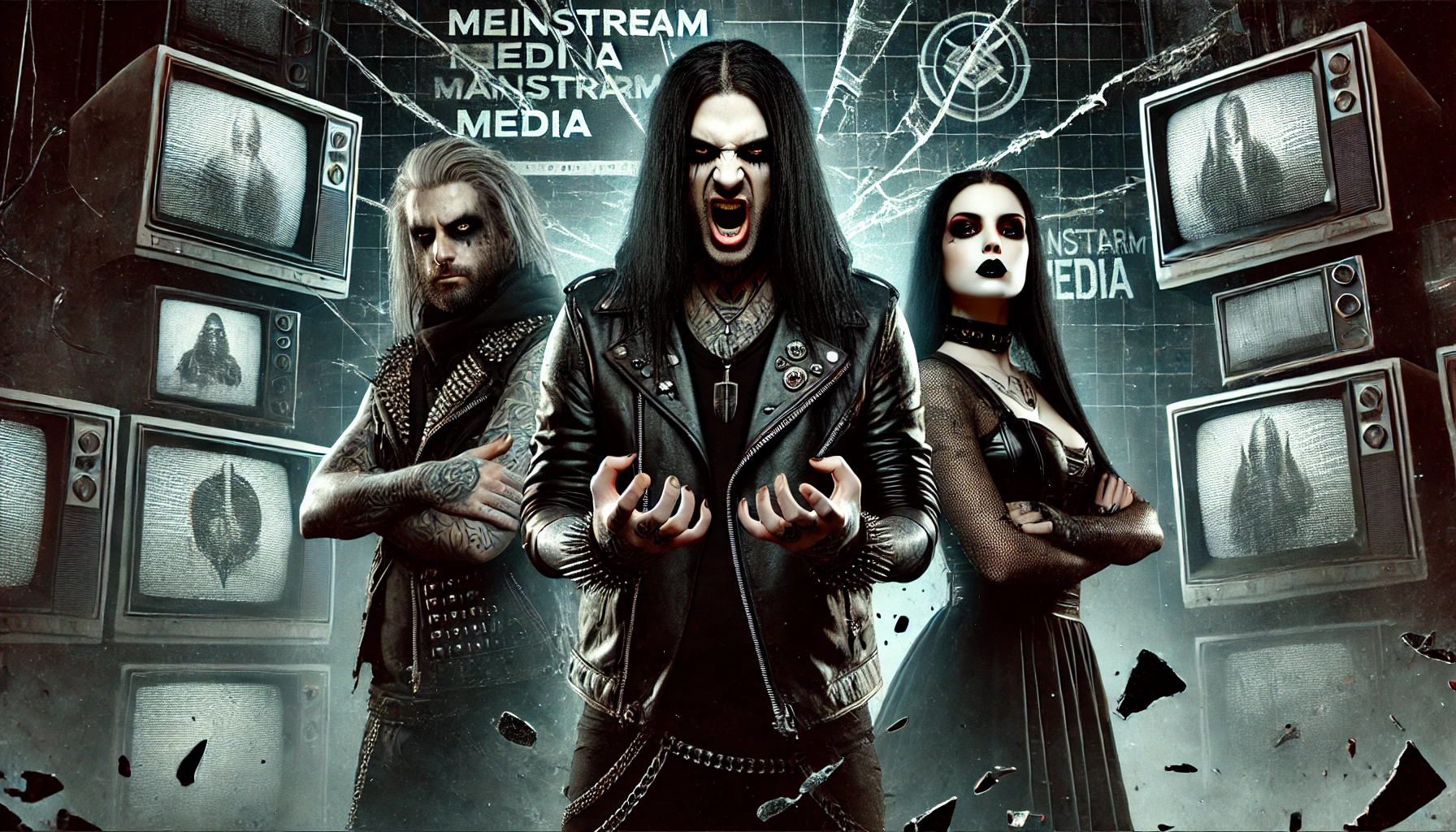 A trio of intense metalhead individuals, with one man shouting in front of a background filled with broken TV screens, symbolizing rebellion against mainstream media manipulation.