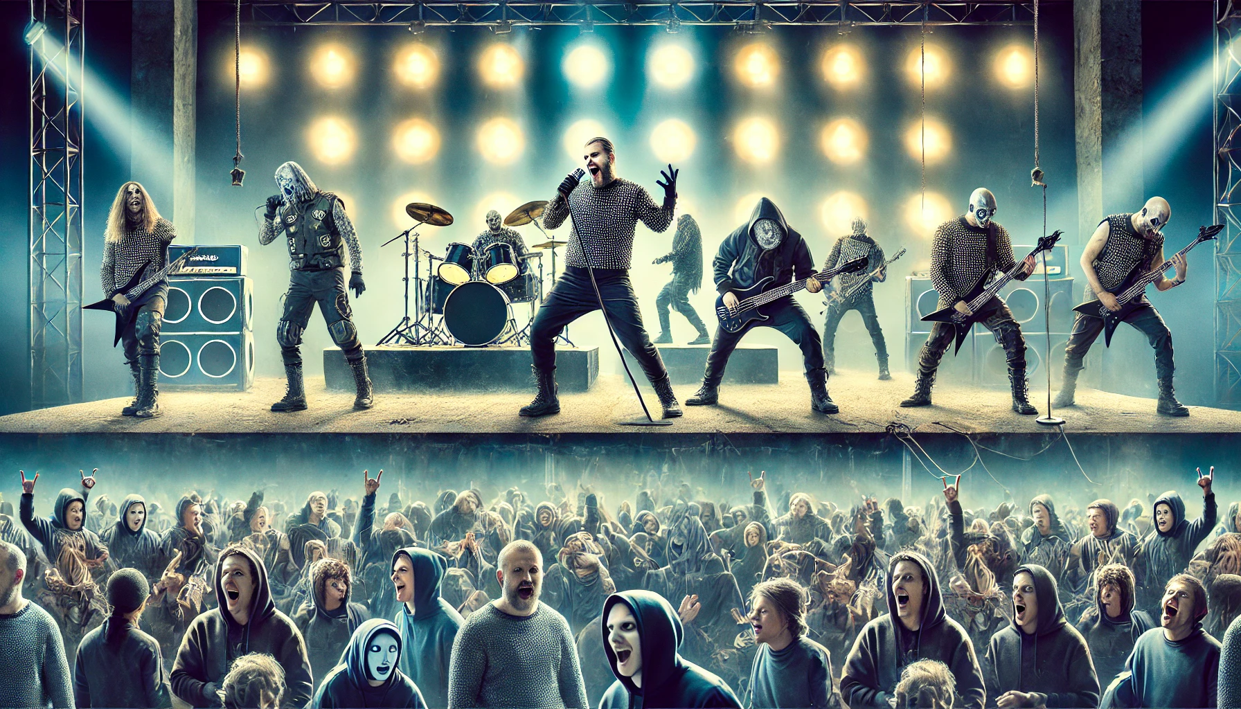A powerful and provocative image capturing the decline of authenticity in modern metal bands, showing a metal band on stage with hollow, commercialized expressions while the audience, including a black metalhead man and gothic woman, appears divided.