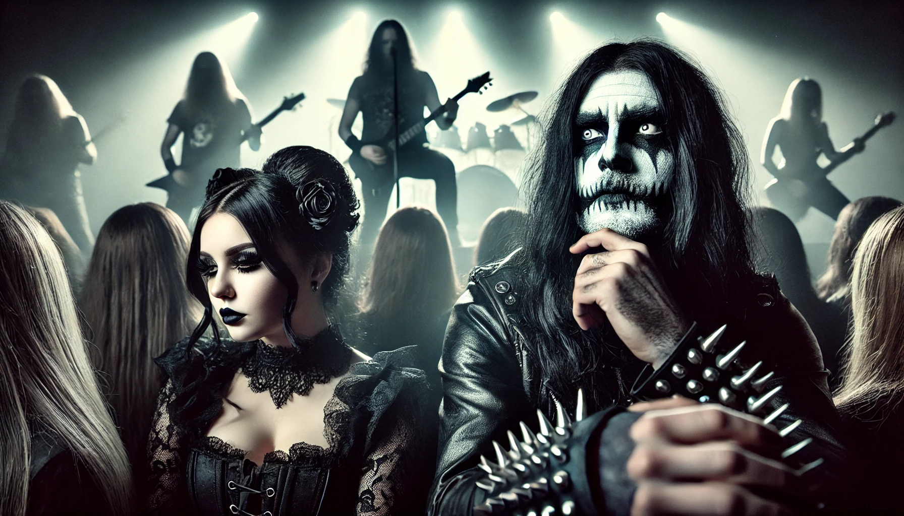 A powerful and provocative image capturing the decline of authenticity in modern metal bands, featuring a disillusioned black metalhead man and a gothic woman standing in the audience, contrasting with the overproduced band on stage.
